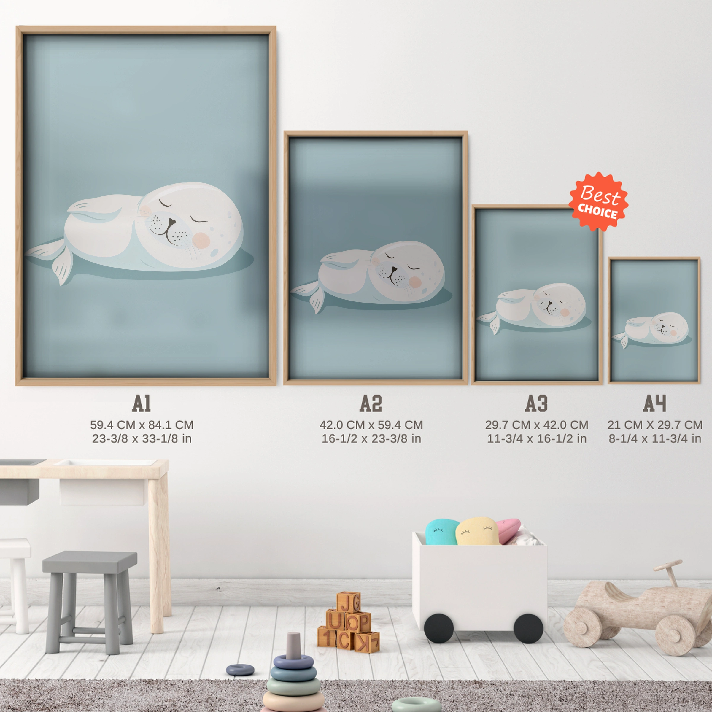 Sleeping Seal Nursery Print - size guide A4 A3 A2 A1 nursery print