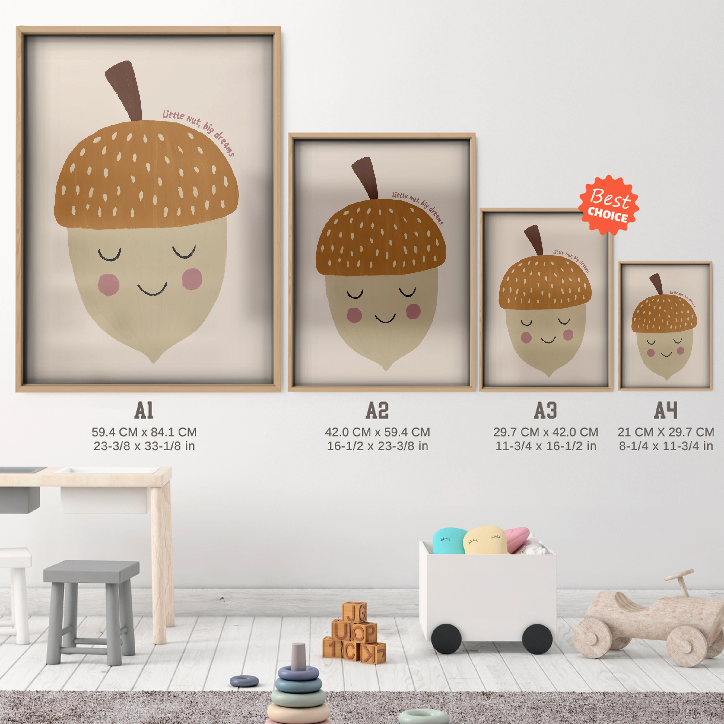 Sleepy Acorn Nursery Print - size guide A4 A3 A2 A1 nursery print