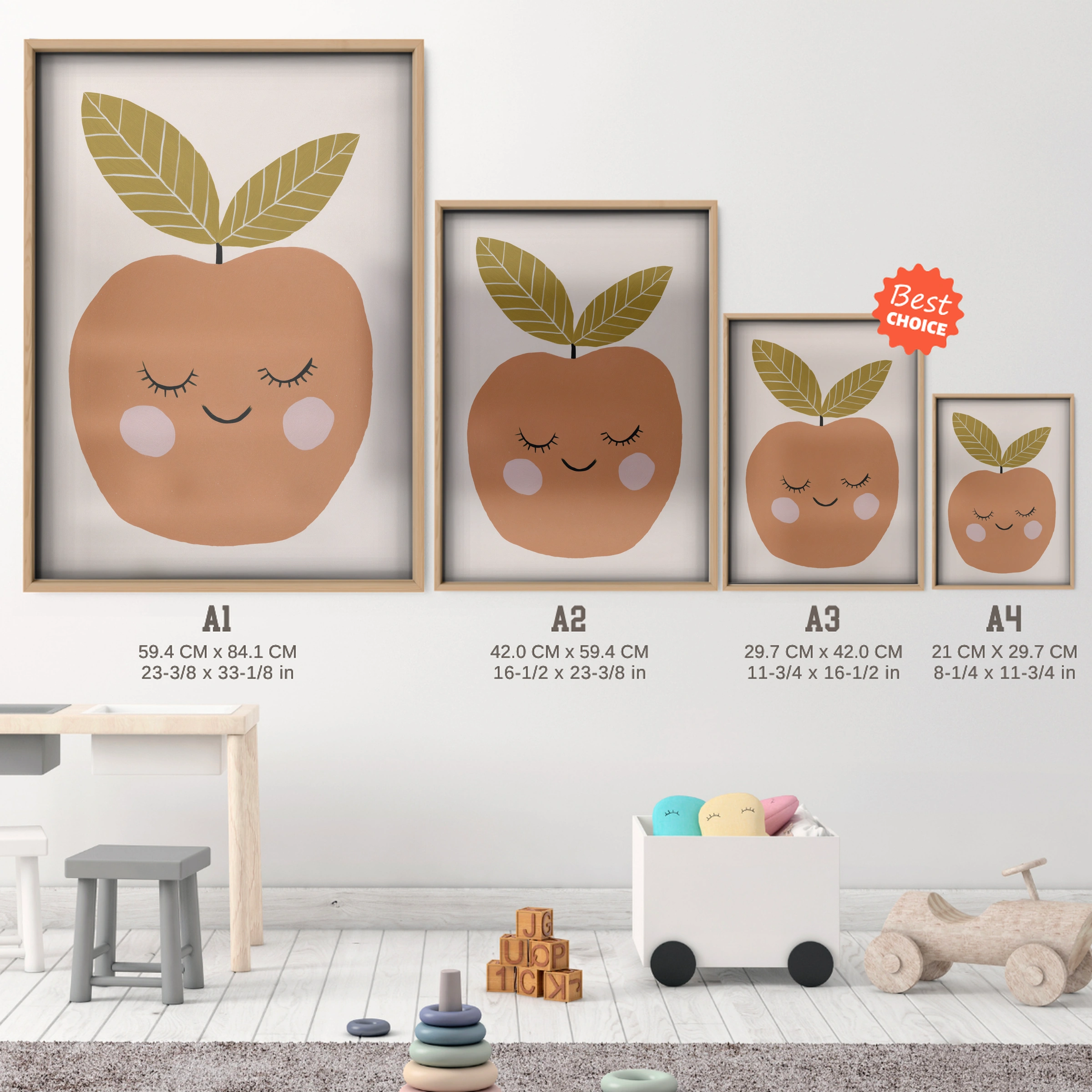 Sleepy Apple Nursery Print - size guide A4 A3 A2 A1 nursery print