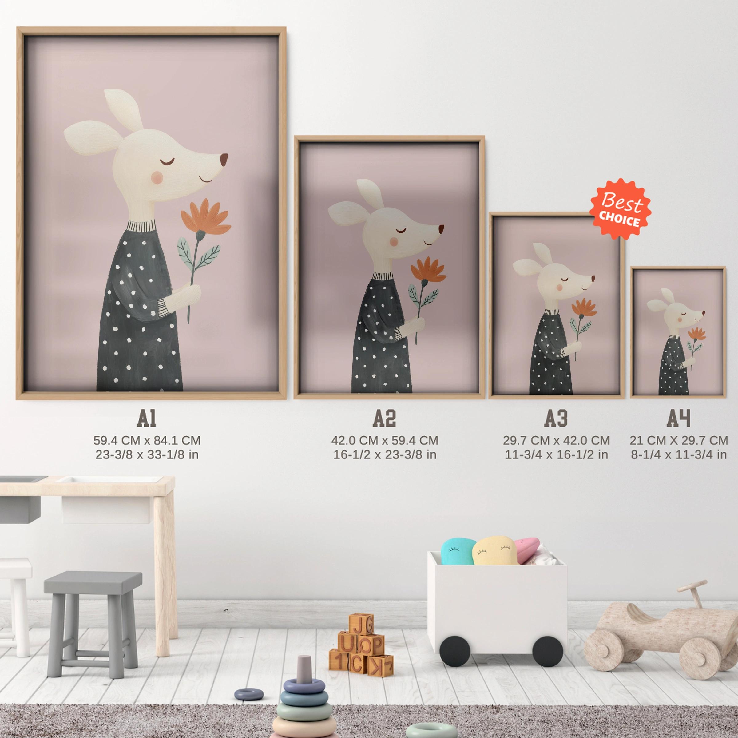 Sleepy Bunny Nursery Print - size guide A4 A3 A2 A1 nursery print