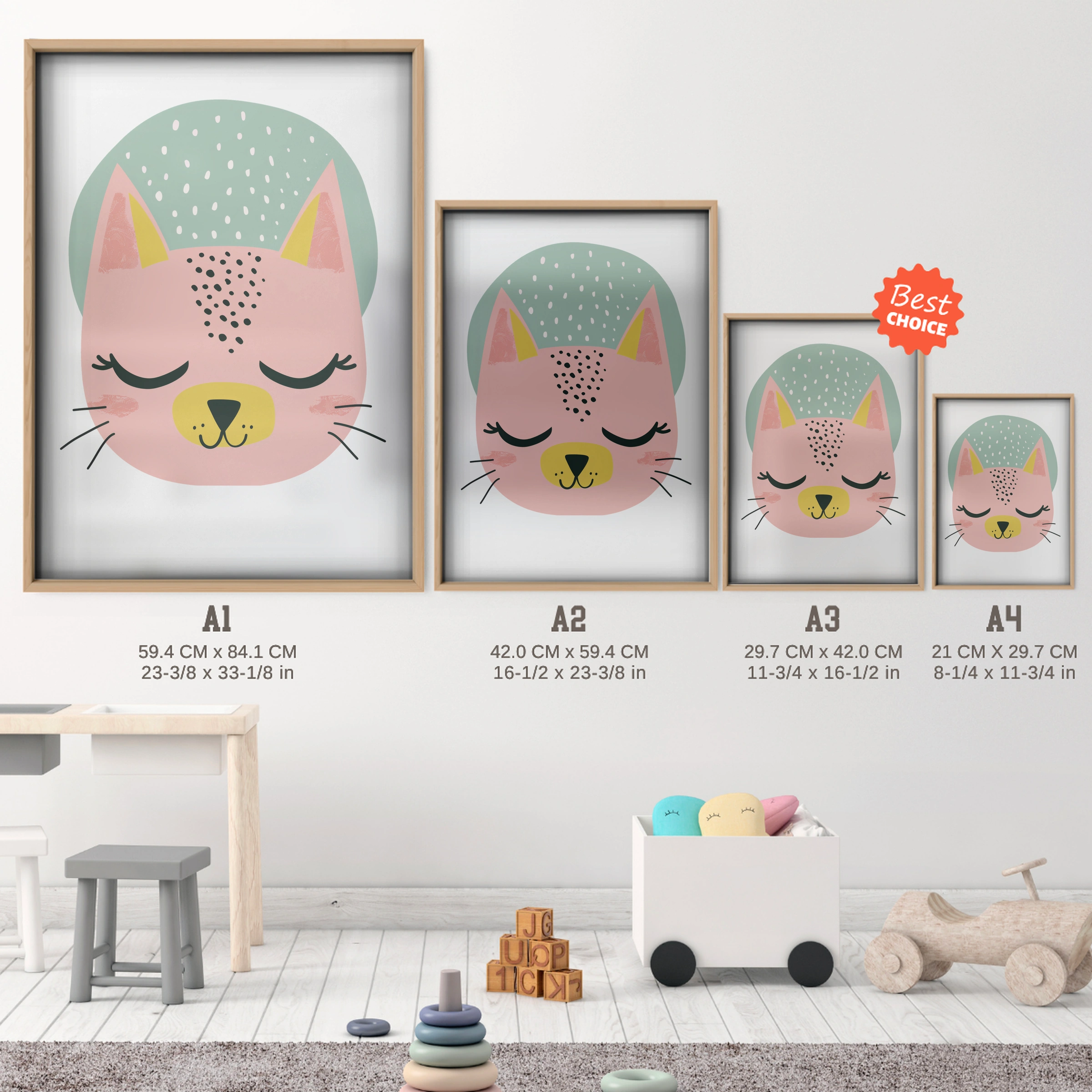 Sleepy Cat Face Nursery Print - size guide A4 A3 A2 A1 nursery print