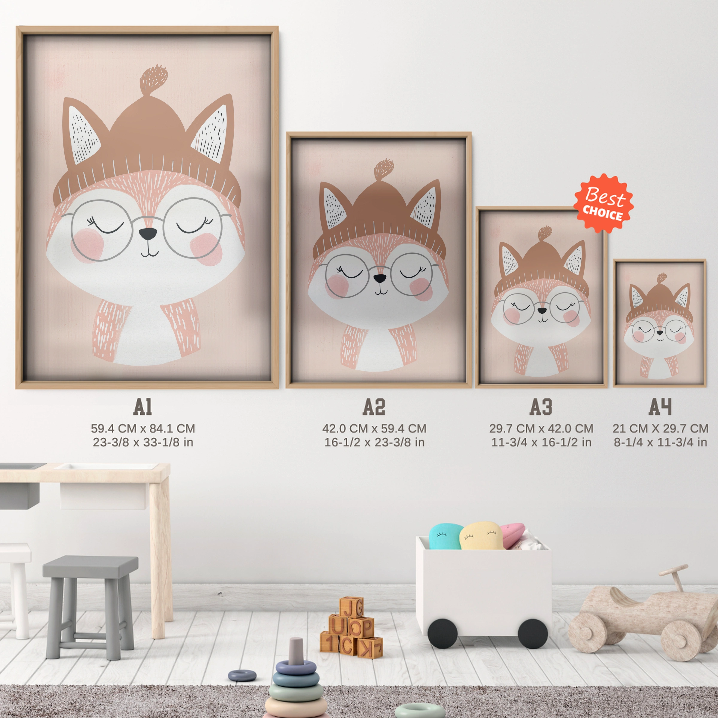 Sleepy Fox Nursery Print - size guide A4 A3 A2 A1 nursery print