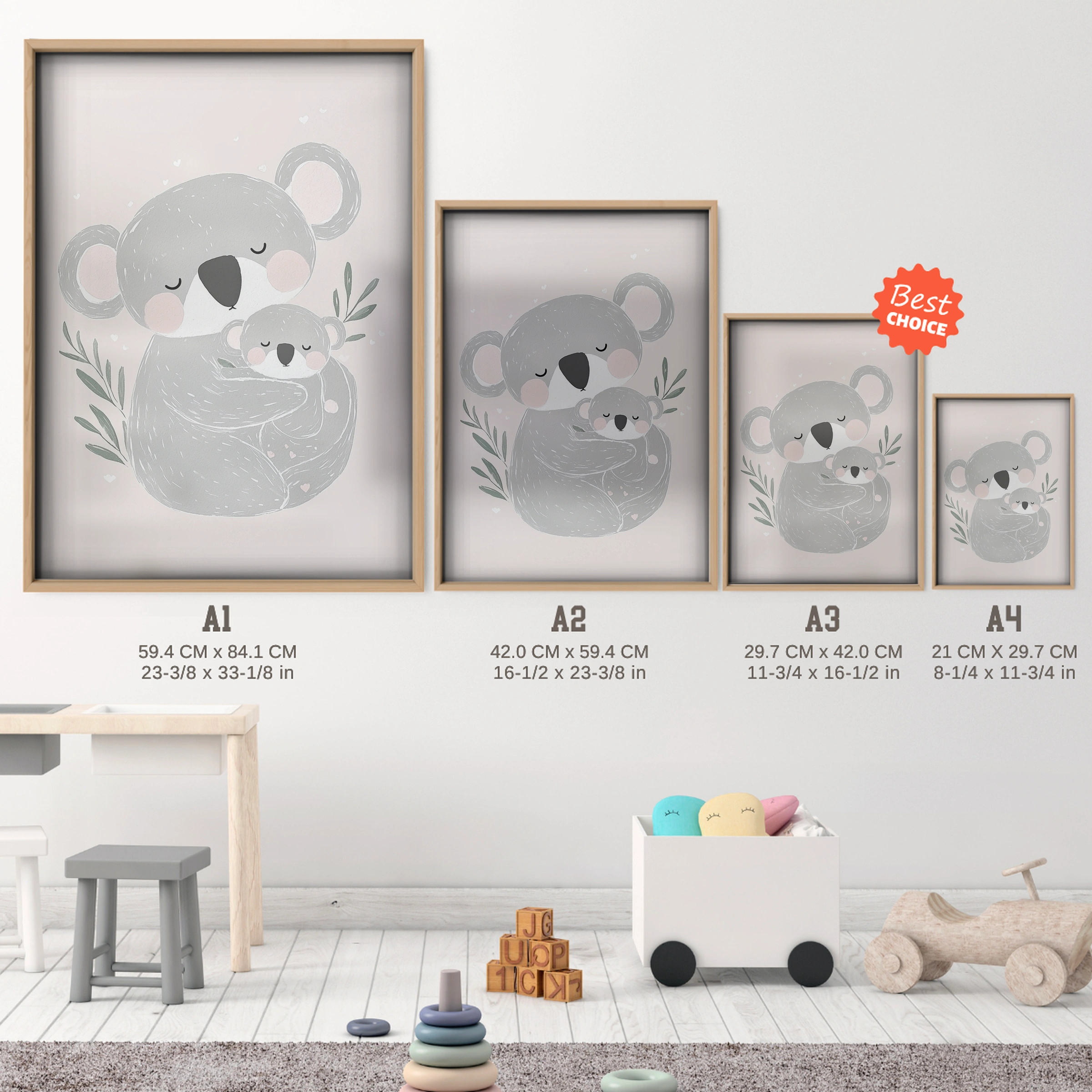 Sleepy Koala Nursery Print - size guide A4 A3 A2 A1 nursery print