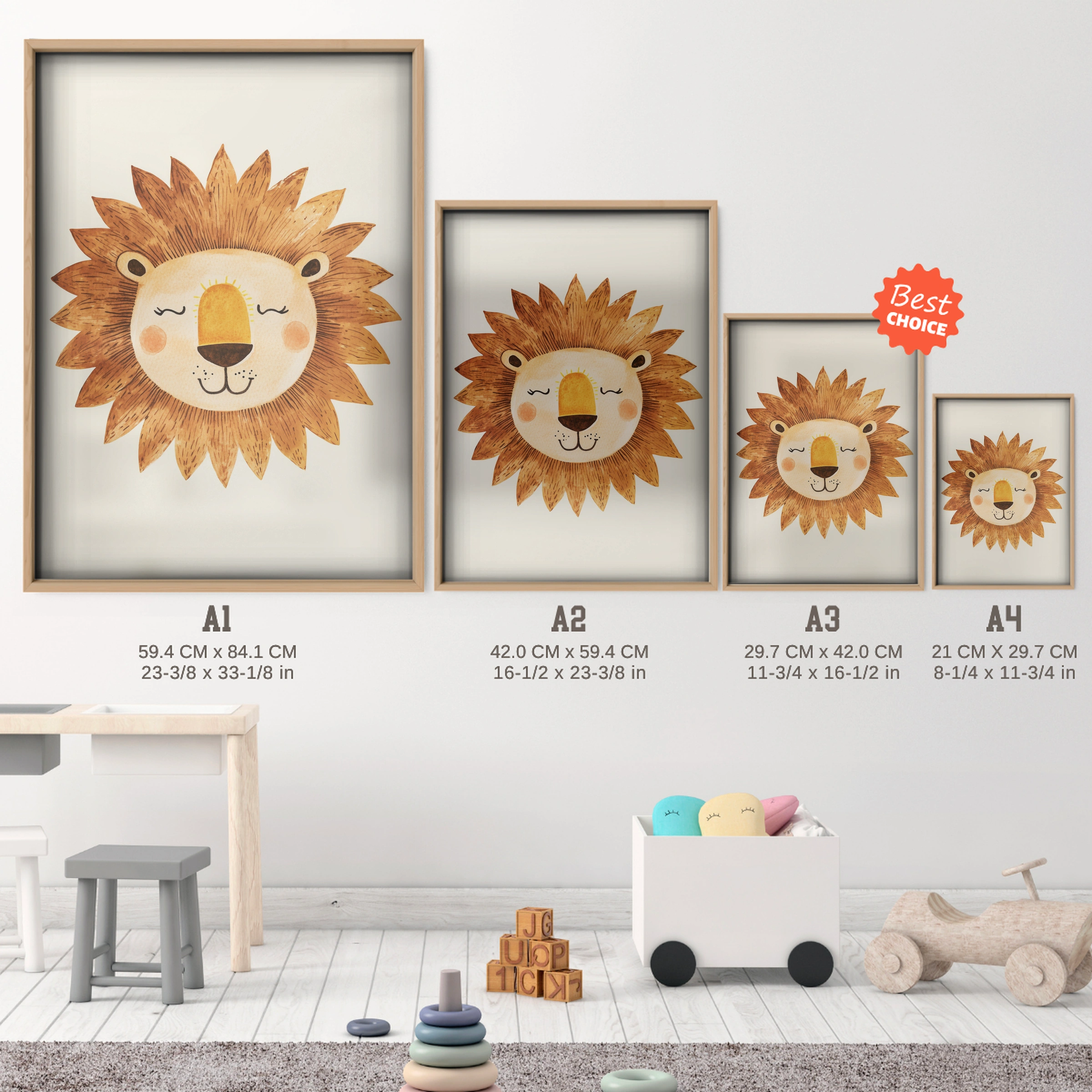Sleepy Lion Face Nursery Print - size guide A4 A3 A2 A1 nursery print