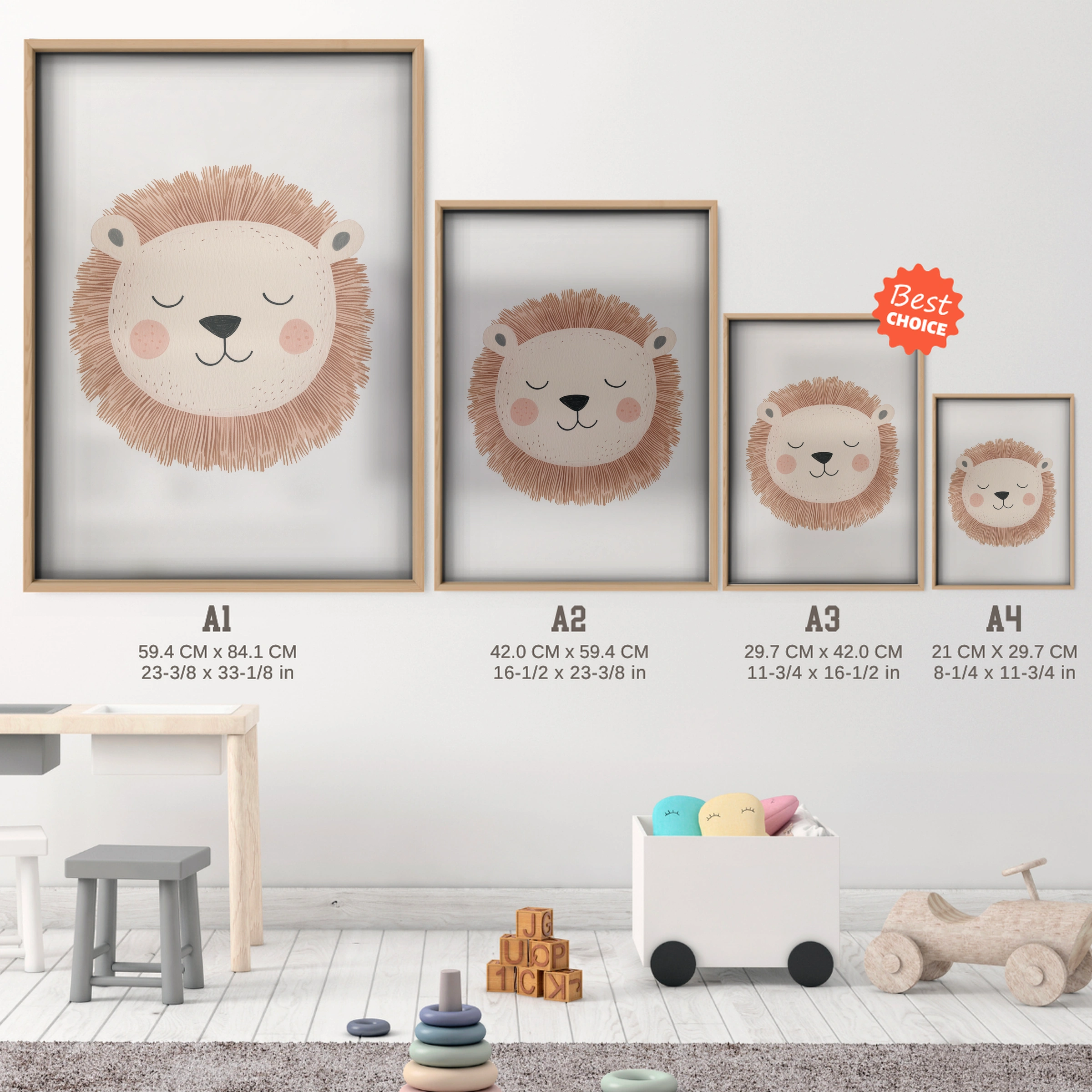 Sleepy Lion Nursery Print - size guide A4 A3 A2 A1 nursery print