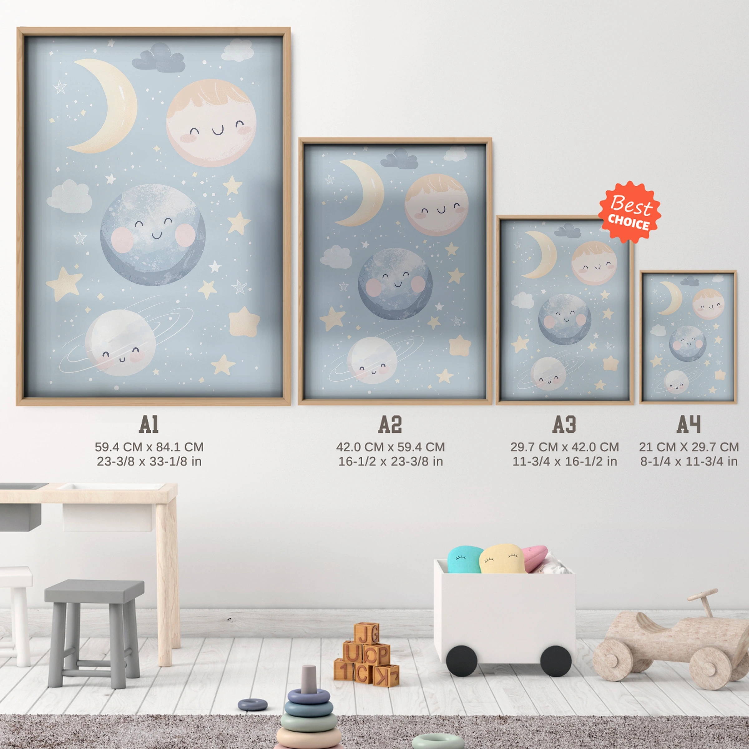 Sleepy Moon Nursery Print - size guide A4 A3 A2 A1 nursery print