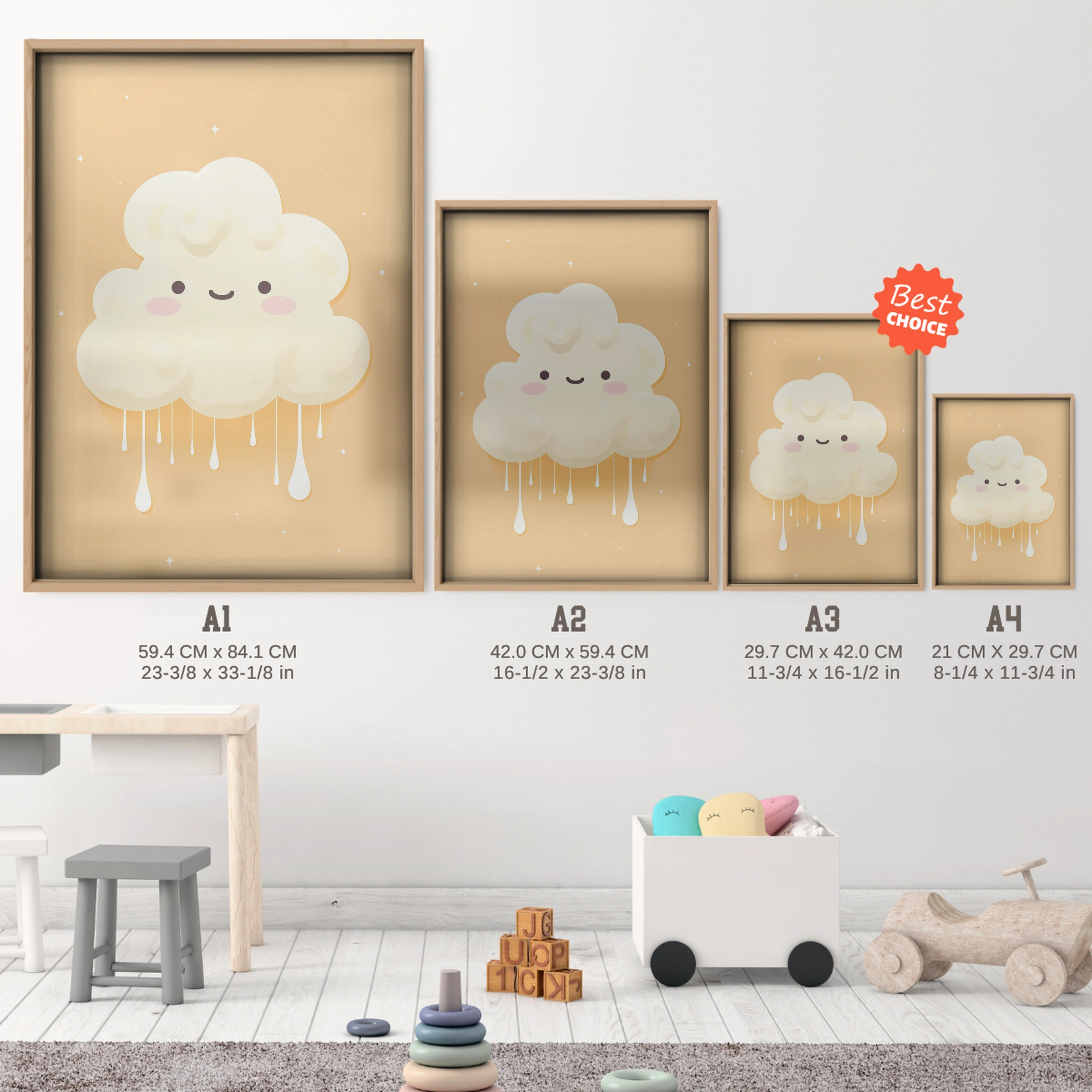 Sleepy Rain Cloud Nursery Print - size guide A4 A3 A2 A1 nursery print