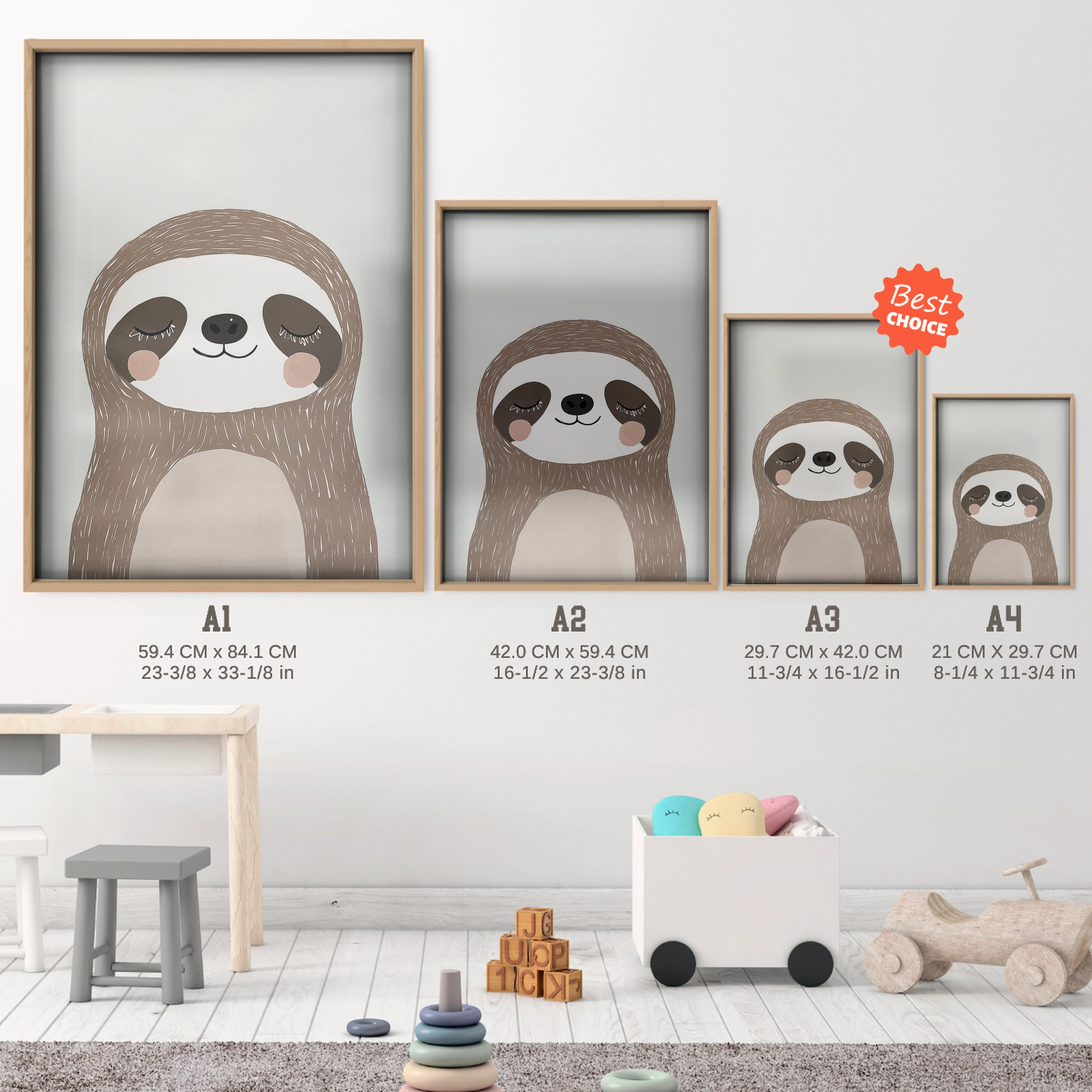 Sleepy Sloth Nursery Print - size guide A4 A3 A2 A1 nursery print