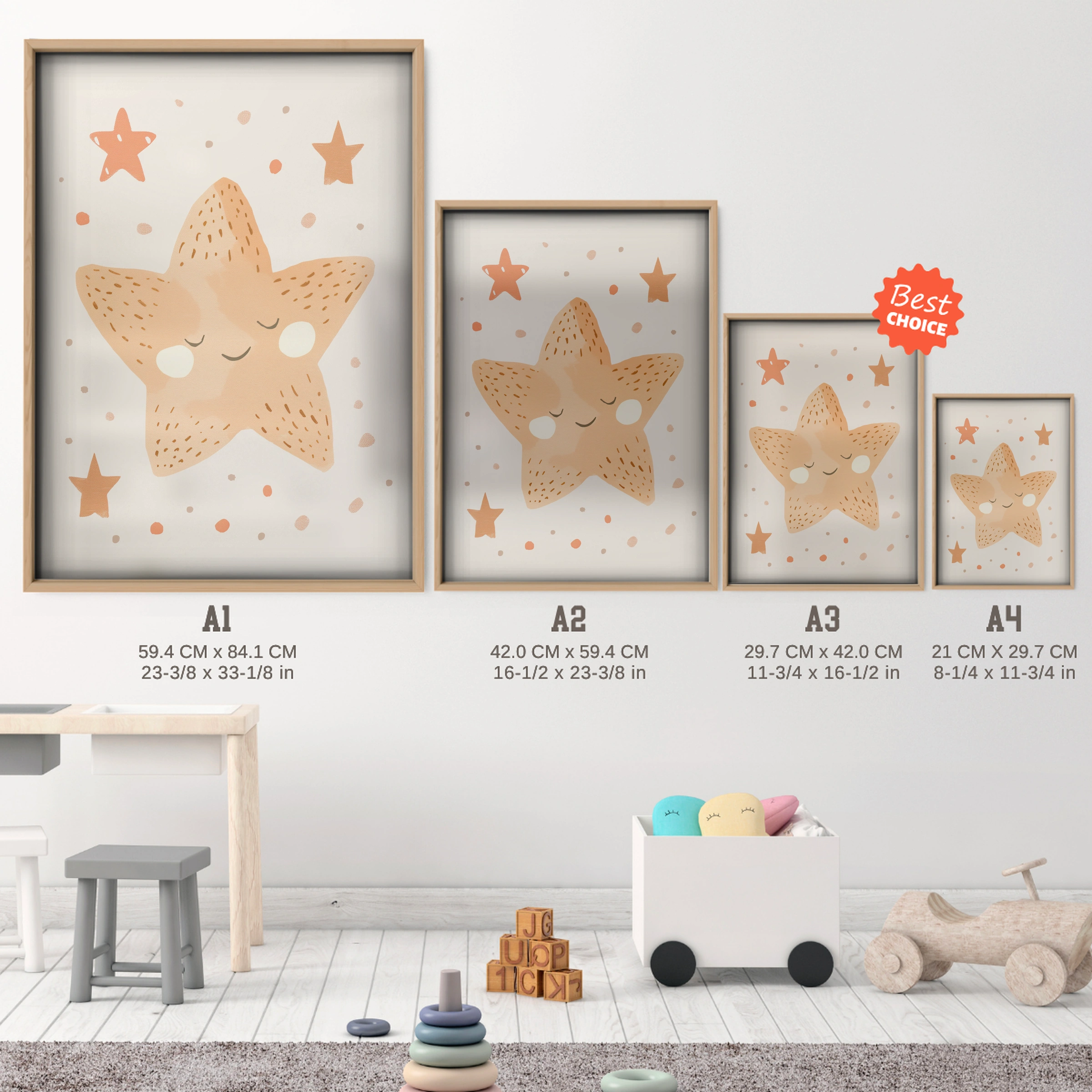 Sleepy Star Nursery Print - size guide A4 A3 A2 A1 nursery print