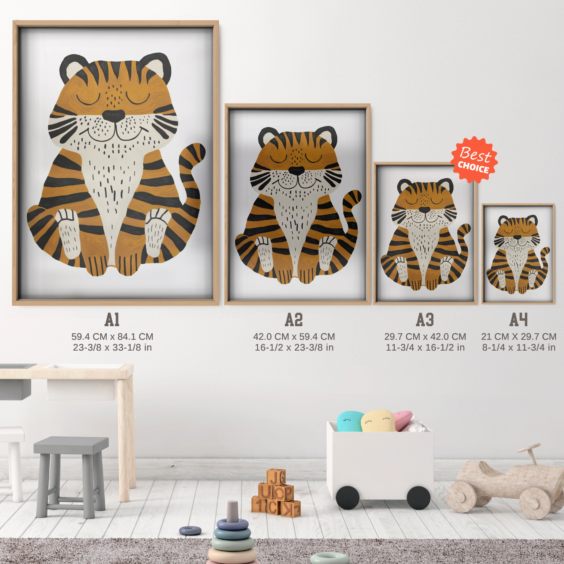 Sleepy Tiger Nursery Print - size guide A4 A3 A2 A1 nursery print