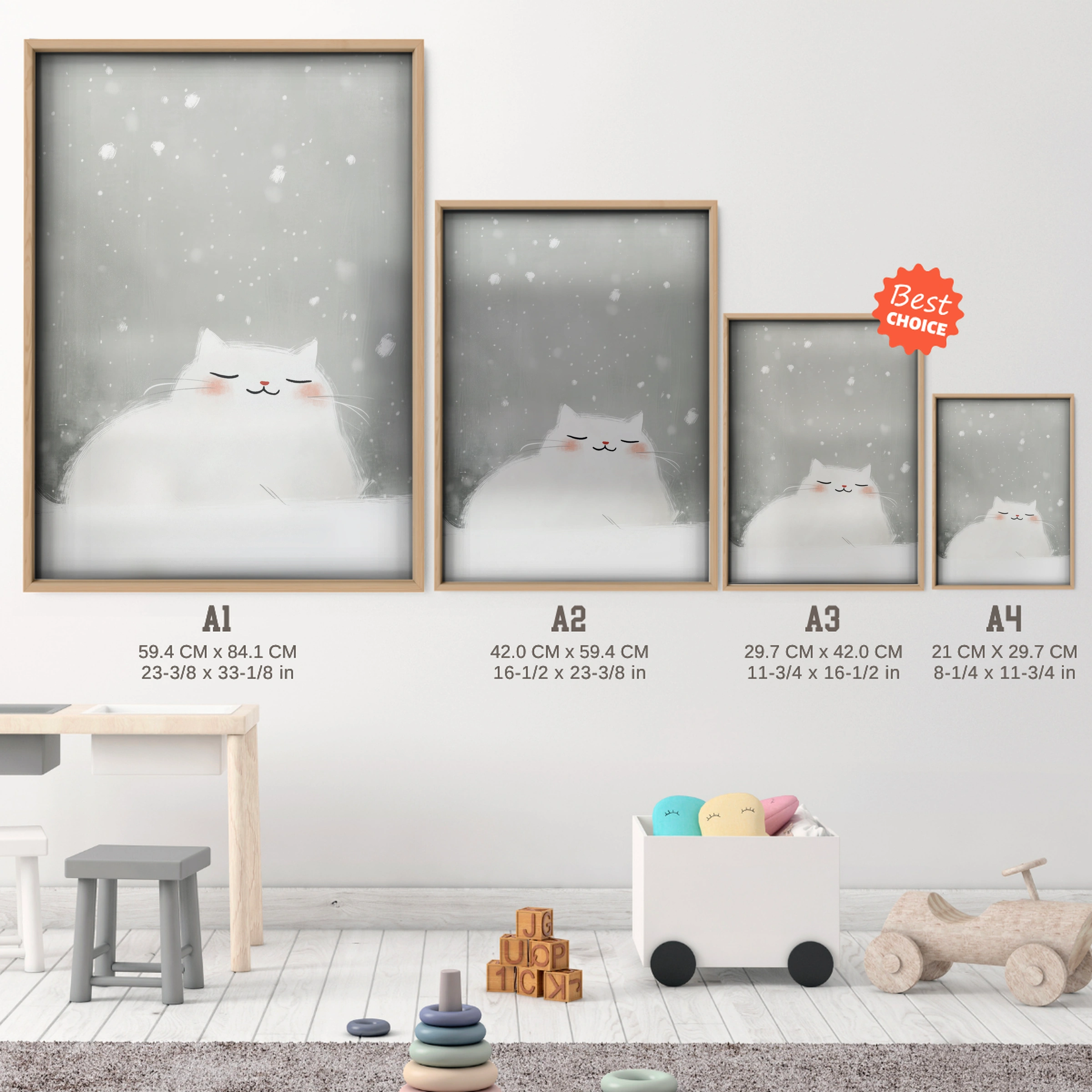 Sleepy White Cat Christmas Print - size guide A4 A3 A2 A1 nursery print
