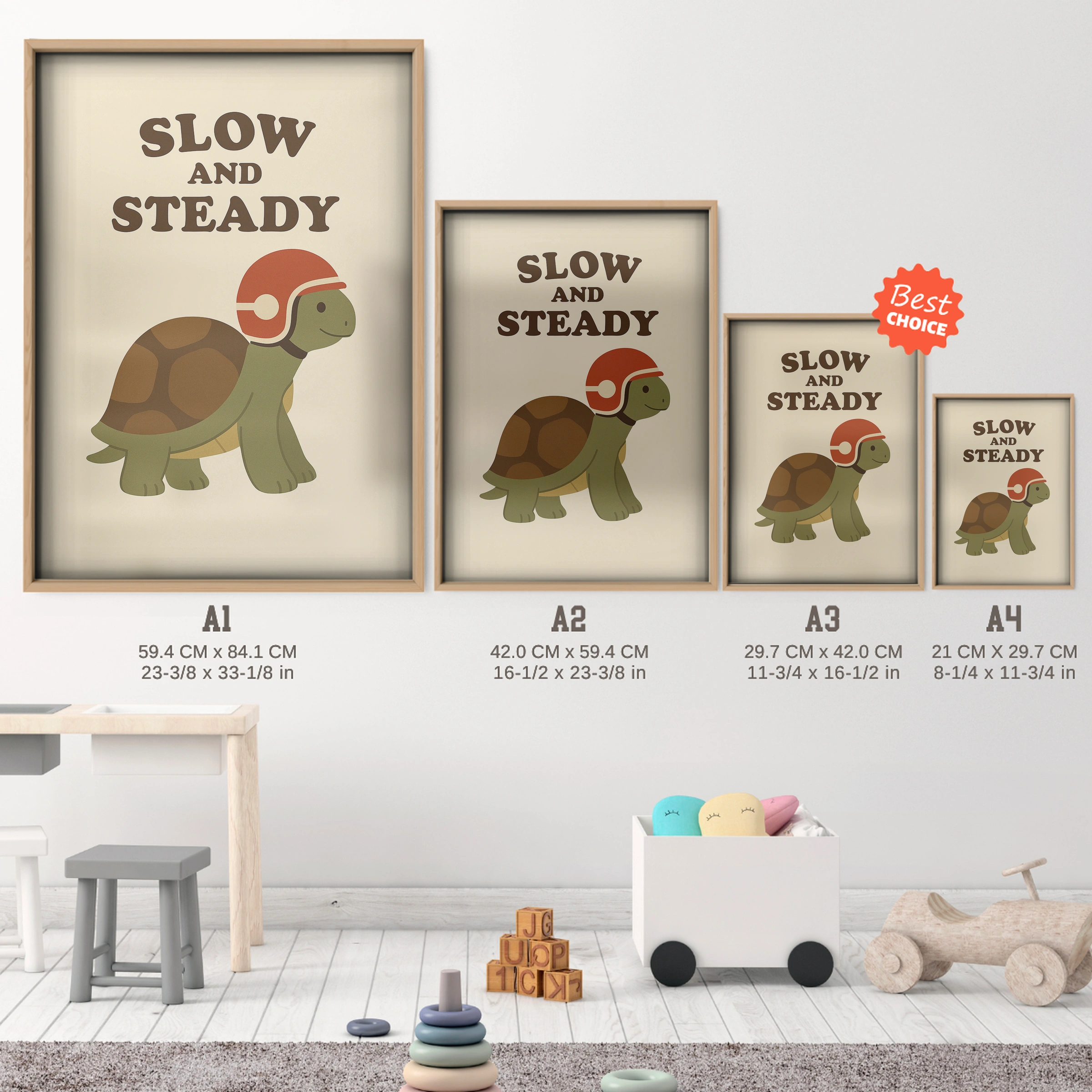 Slow and Steady Turtle Nursery Print - size guide A4 A3 A2 A1 nursery print