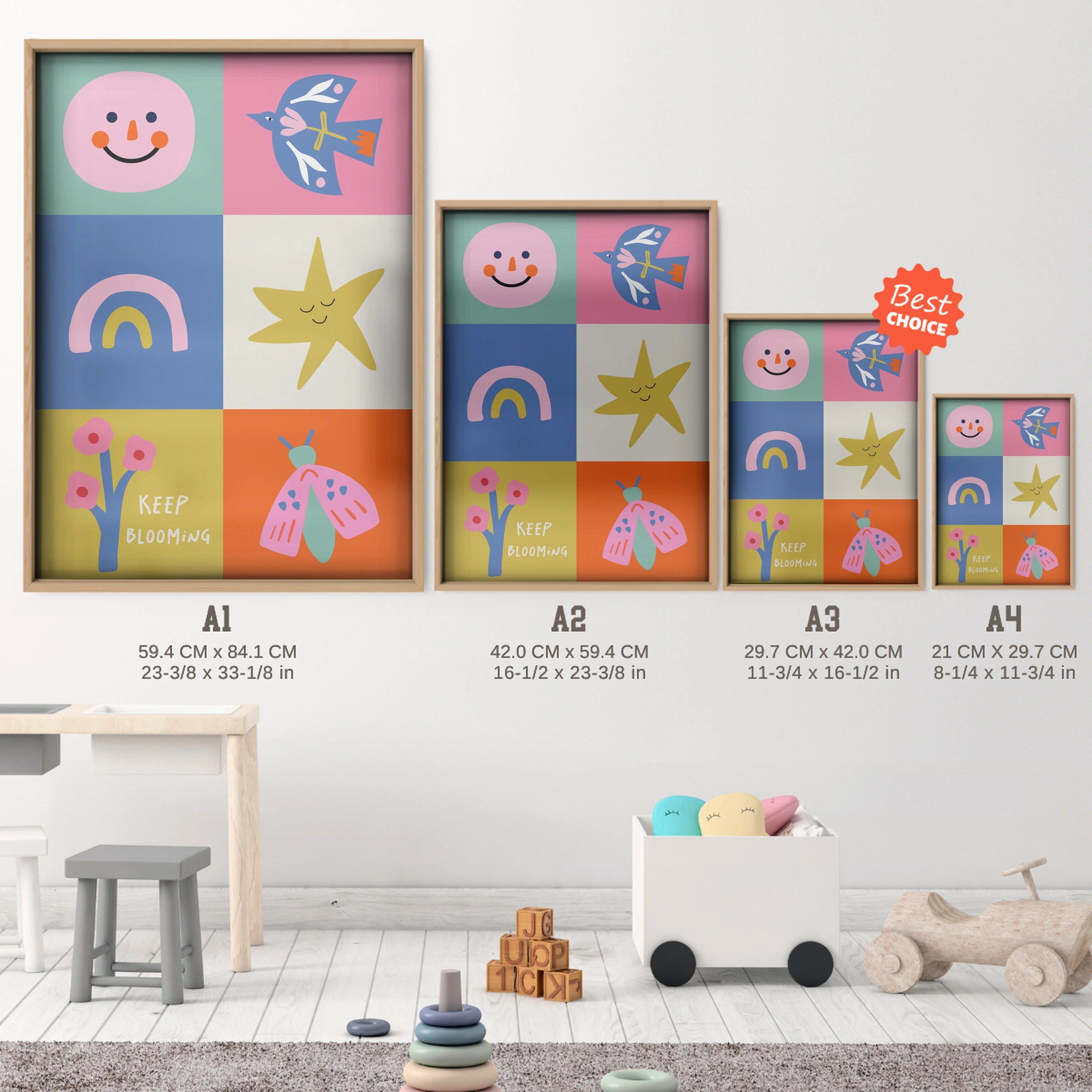 Smiley Grid Nursery Print - size guide A4 A3 A2 A1 nursery print