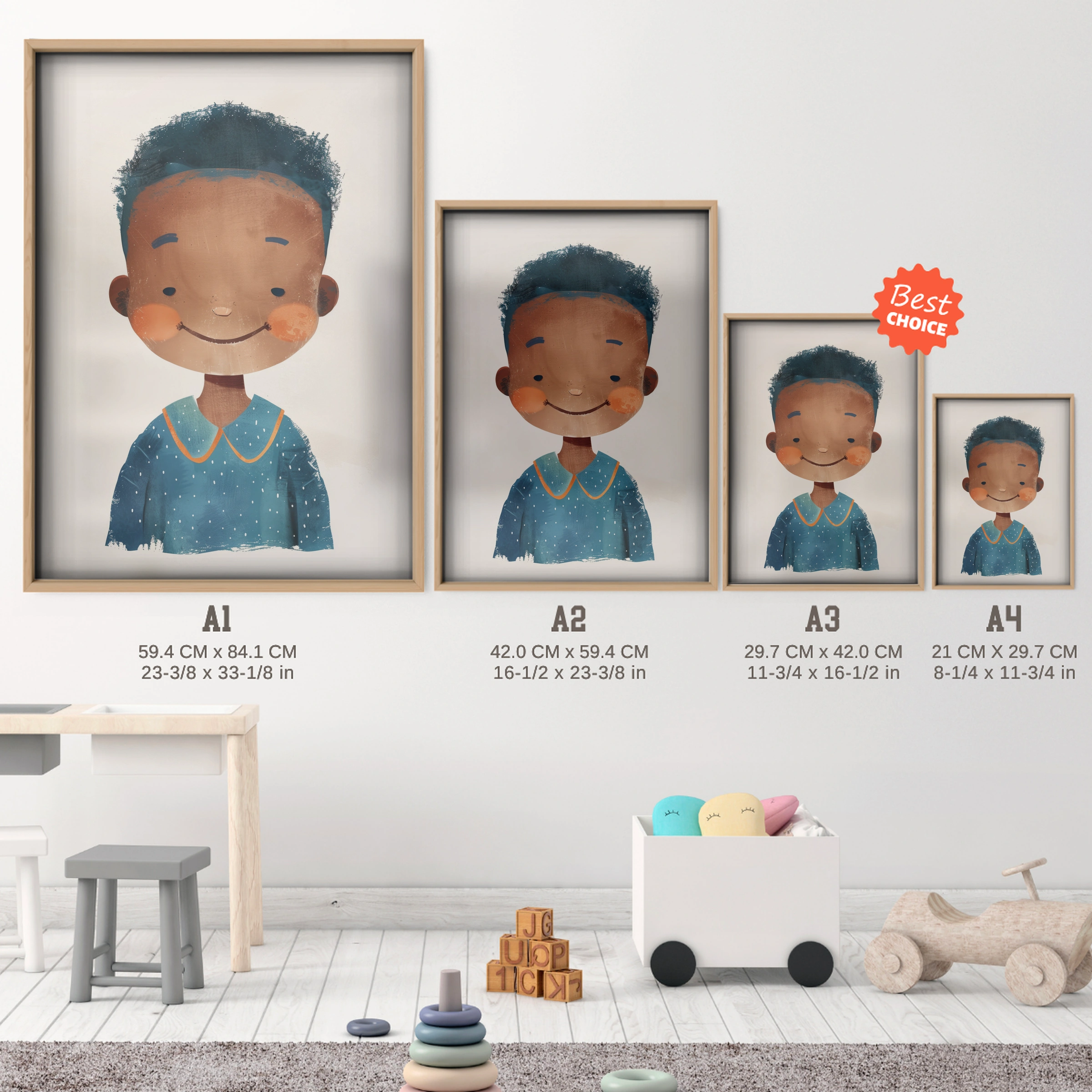 Smiling Boy Nursery Print - size guide A4 A3 A2 A1 nursery print