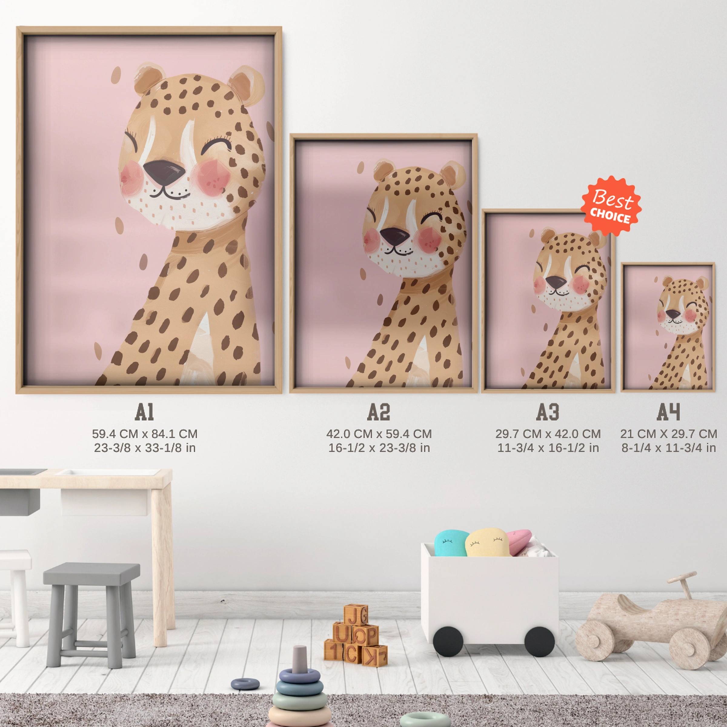 Smiling Cheetah Cub Nursery Print - size guide A4 A3 A2 A1 nursery print