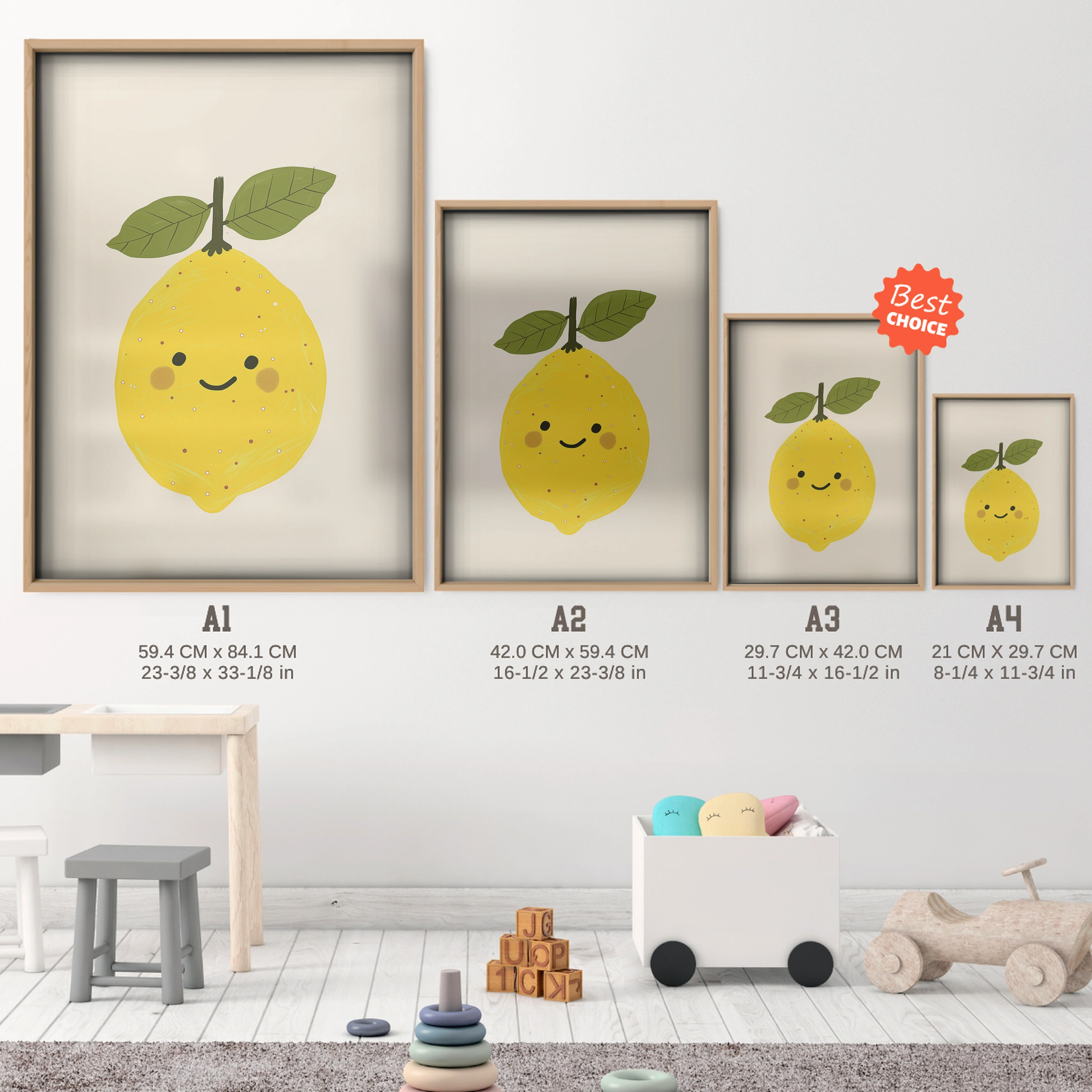 Smiling Lemon Nursery Print - size guide A4 A3 A2 A1 nursery print