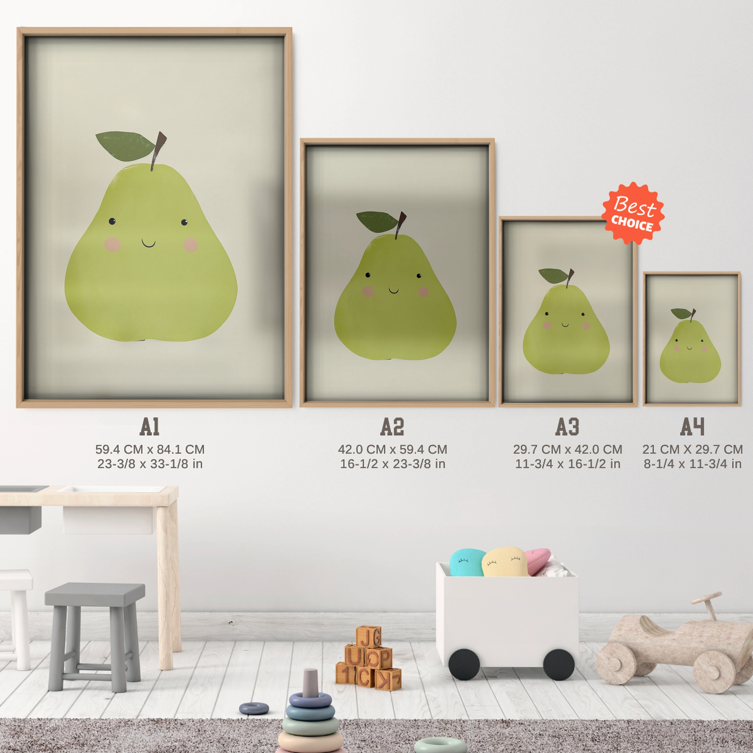 Smiling Pear Nursery Print - size guide A4 A3 A2 A1 nursery print