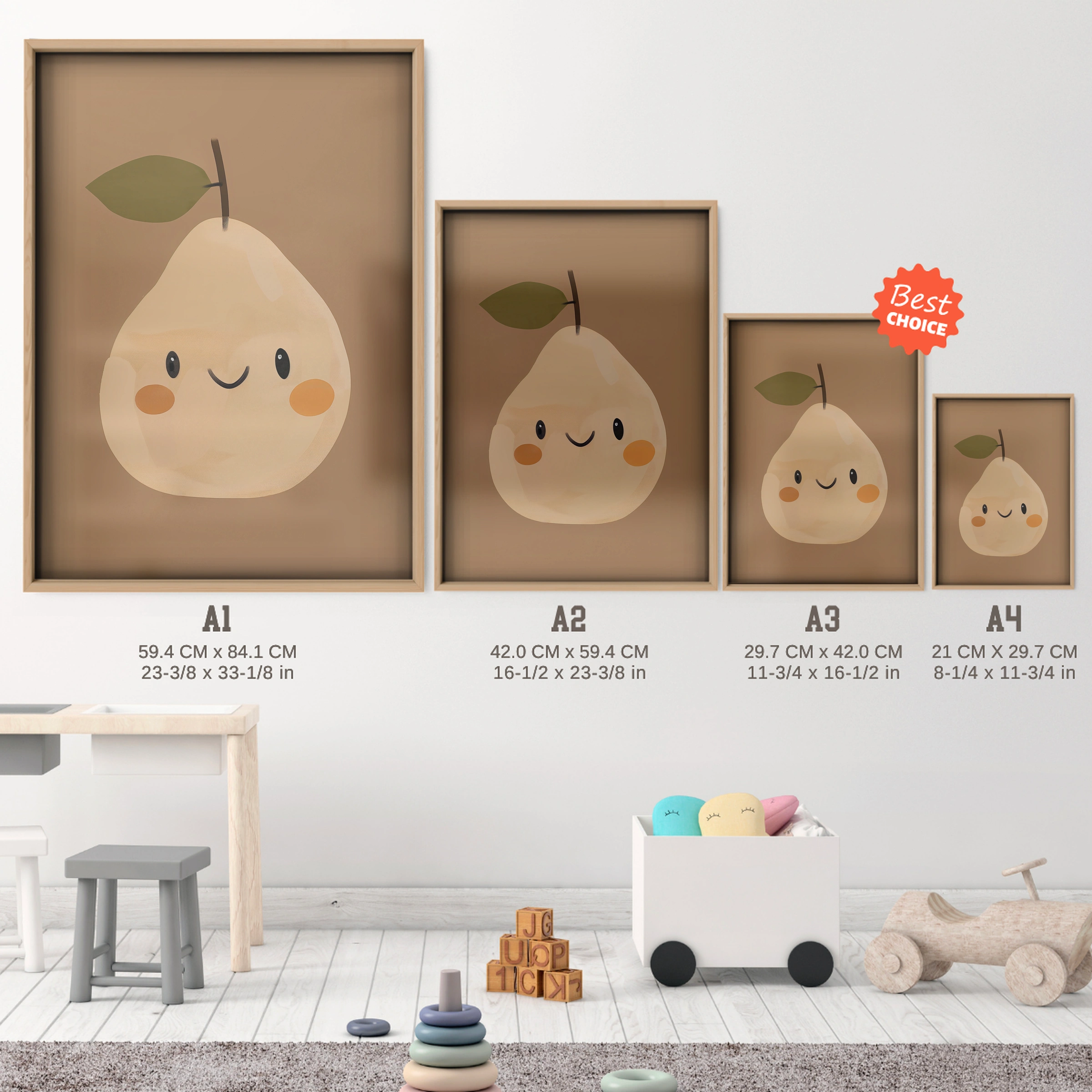 Smiling Pear Two Nursery Print - size guide A4 A3 A2 A1 nursery print