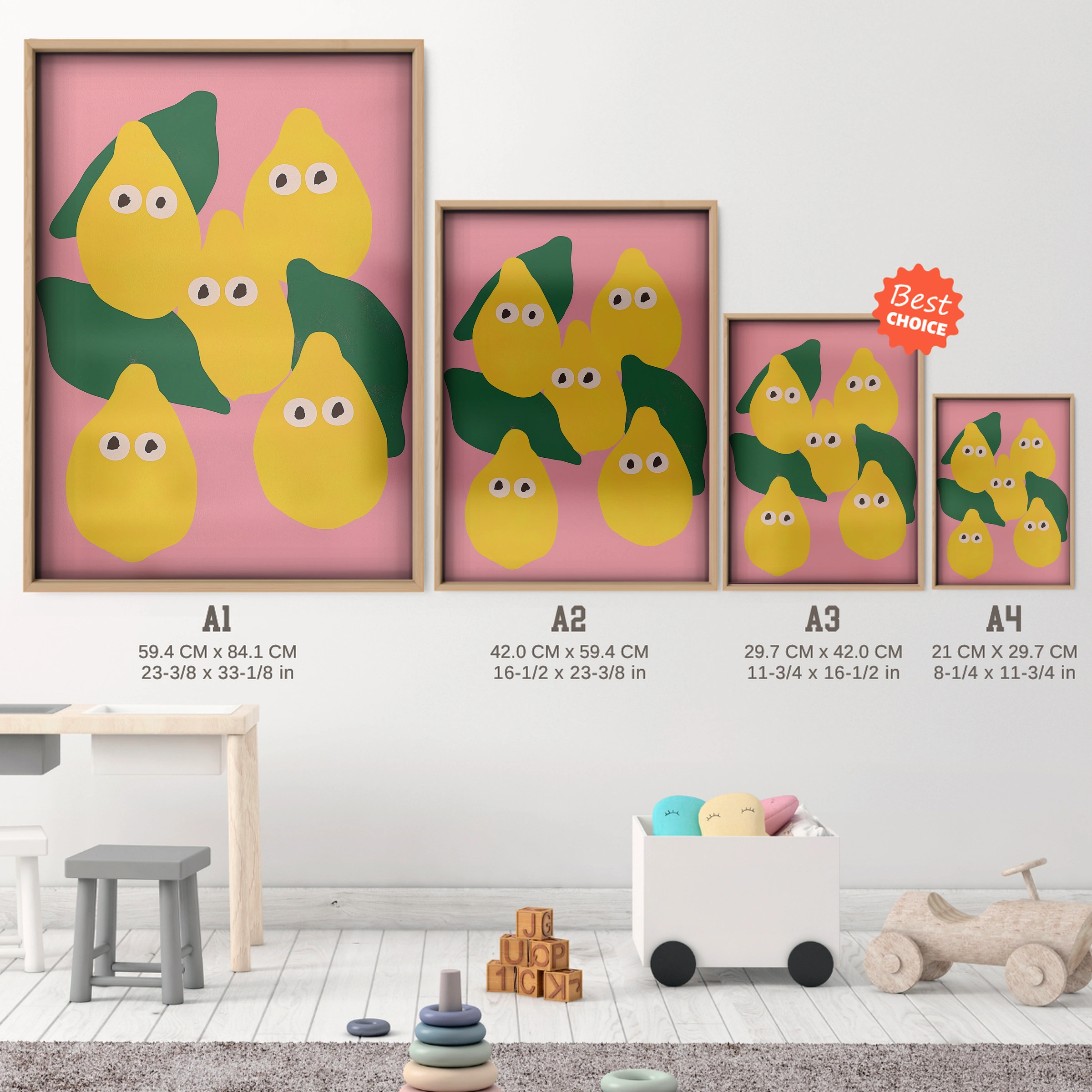 Smiling Pears Nursery Print - size guide A4 A3 A2 A1 nursery print