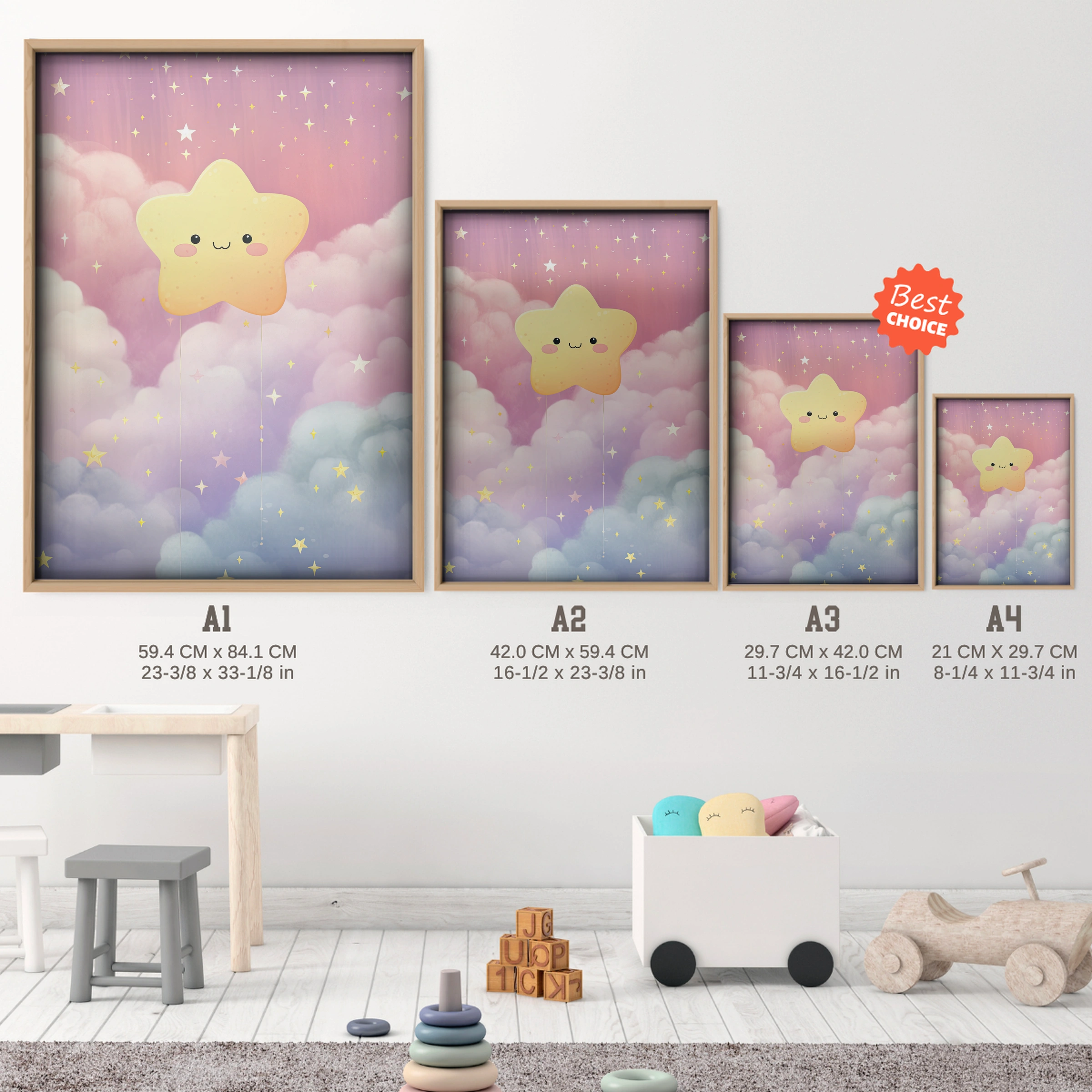 Smiling Star Nursery Print - size guide A4 A3 A2 A1 nursery print