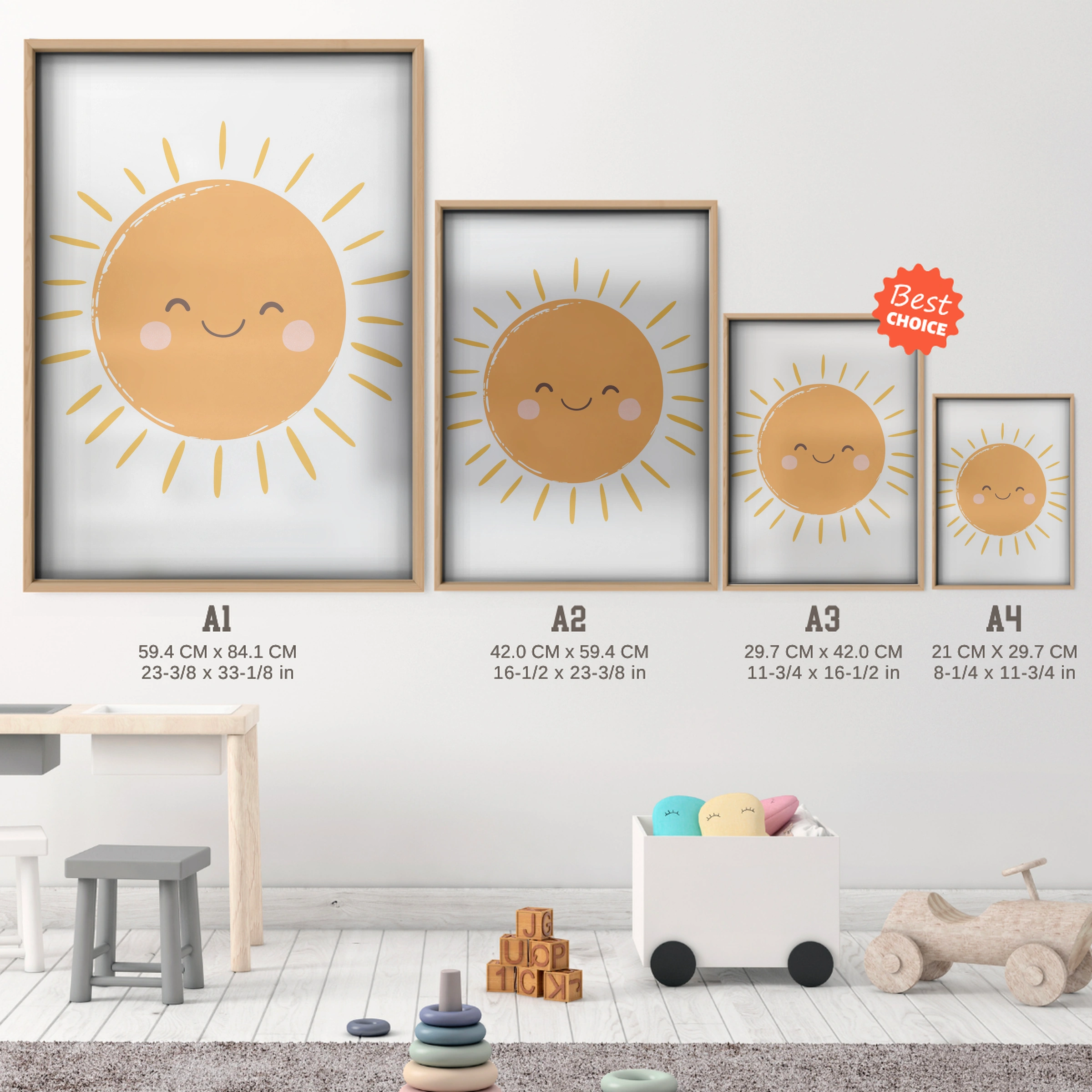 Smiling Sun Face Nursery Print - size guide A4 A3 A2 A1 nursery print