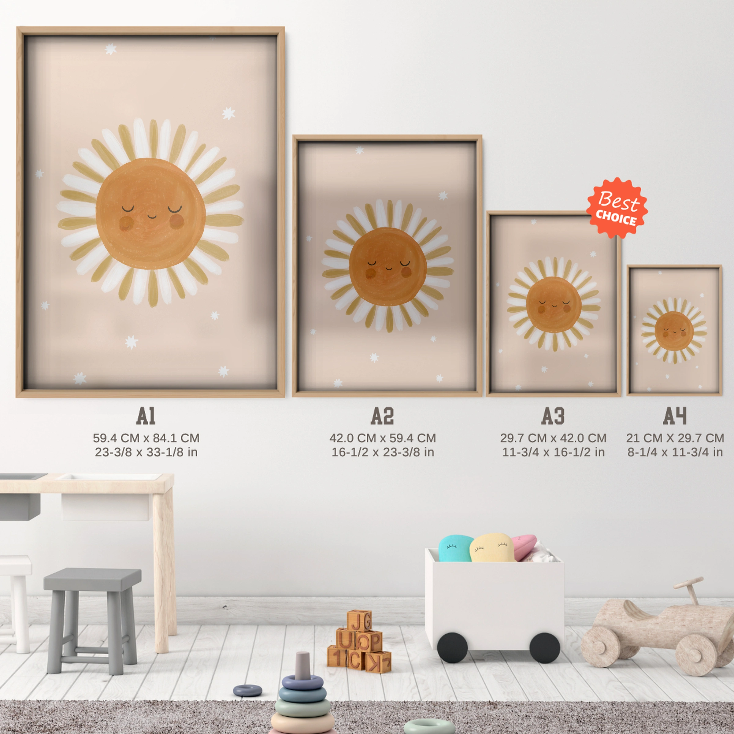 Smiling Sun Nursery Print - size guide A4 A3 A2 A1 nursery print