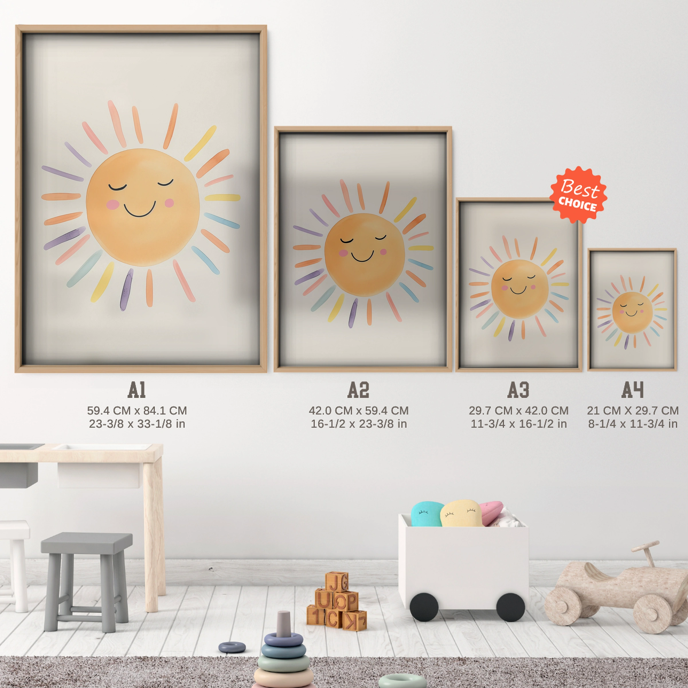 Smiling Sun Two Nursery Print - size guide A4 A3 A2 A1 nursery print
