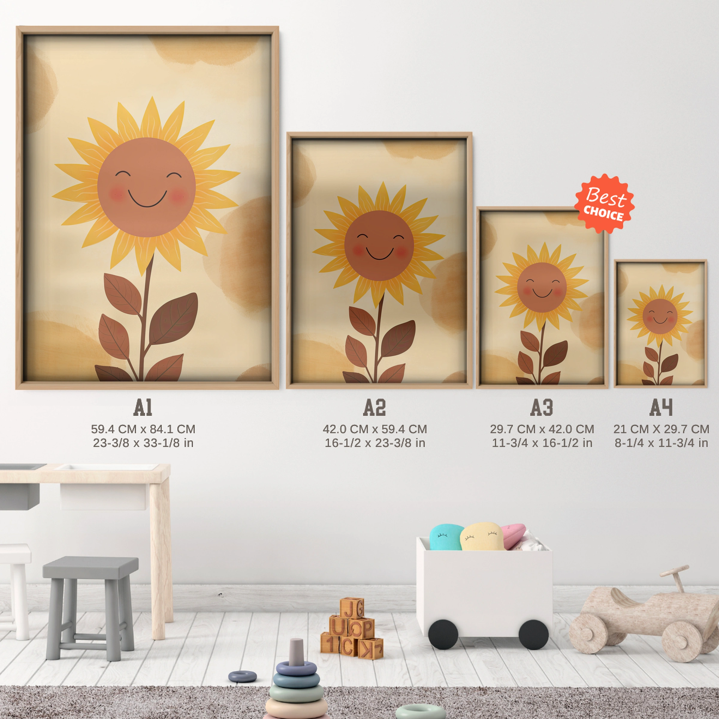 Smiling Sunflower Nursery Print - size guide A4 A3 A2 A1 nursery print