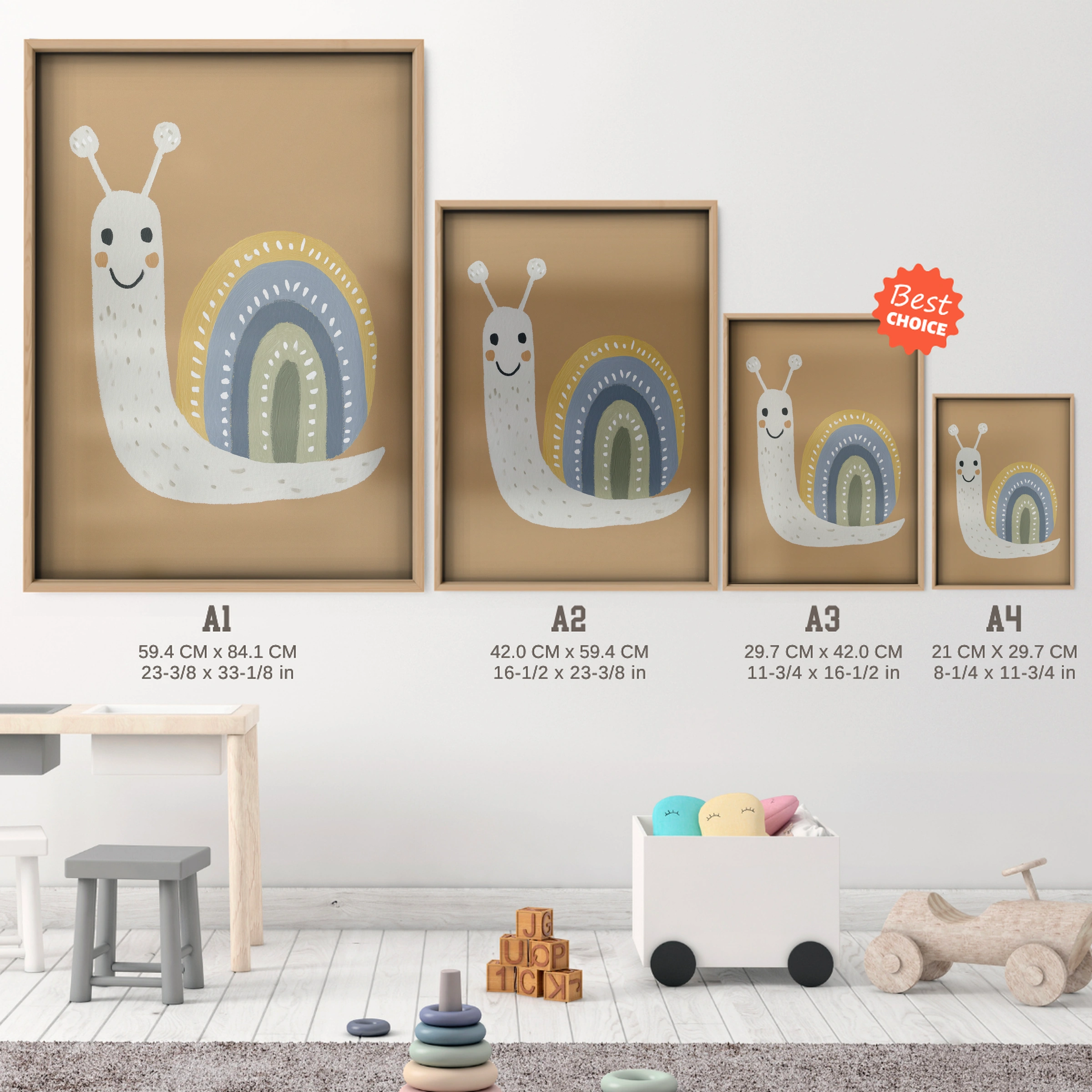 Snail and Rainbow Nursery Print - size guide A4 A3 A2 A1 nursery print