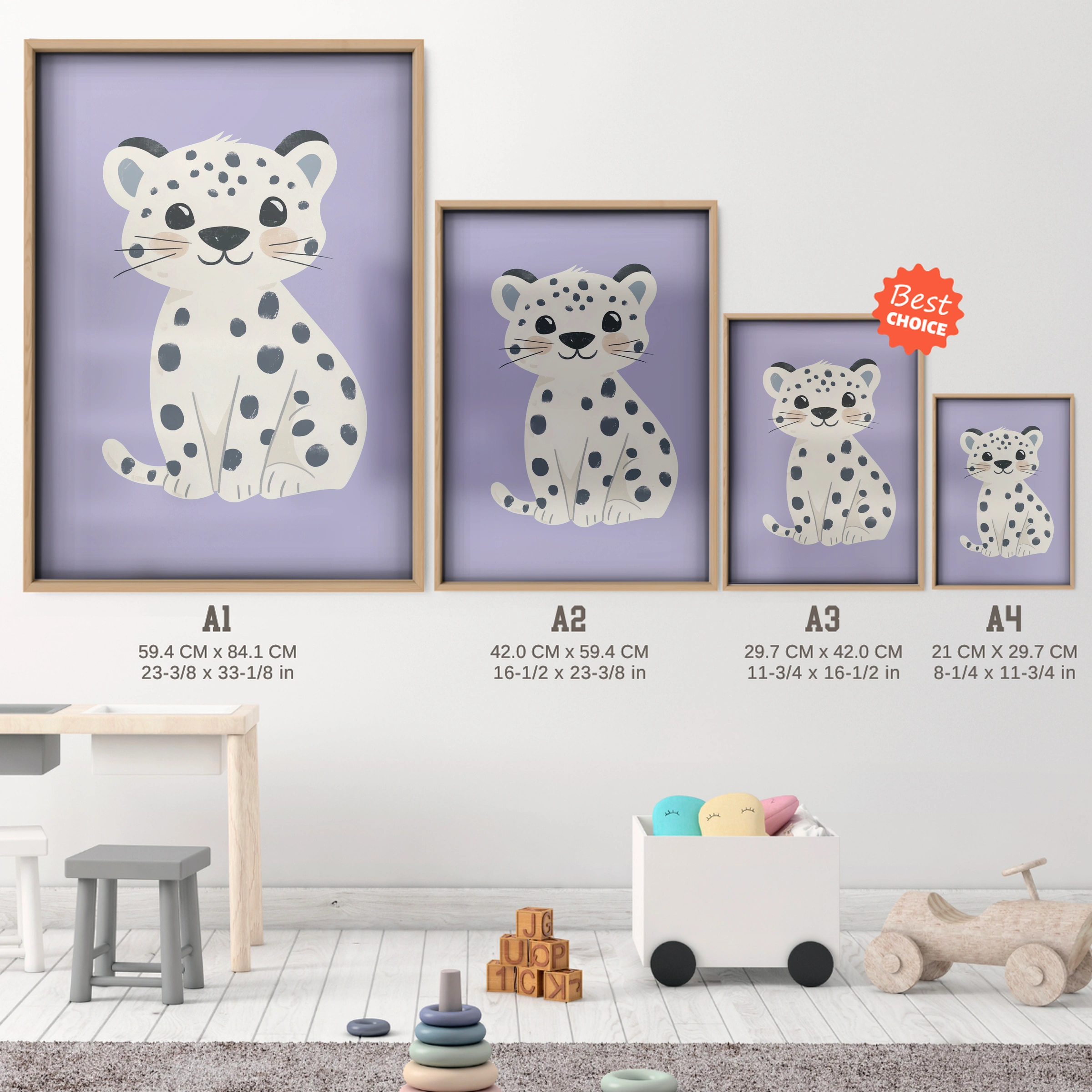 Snow Leopard Cub Nursery Print - size guide A4 A3 A2 A1 nursery print