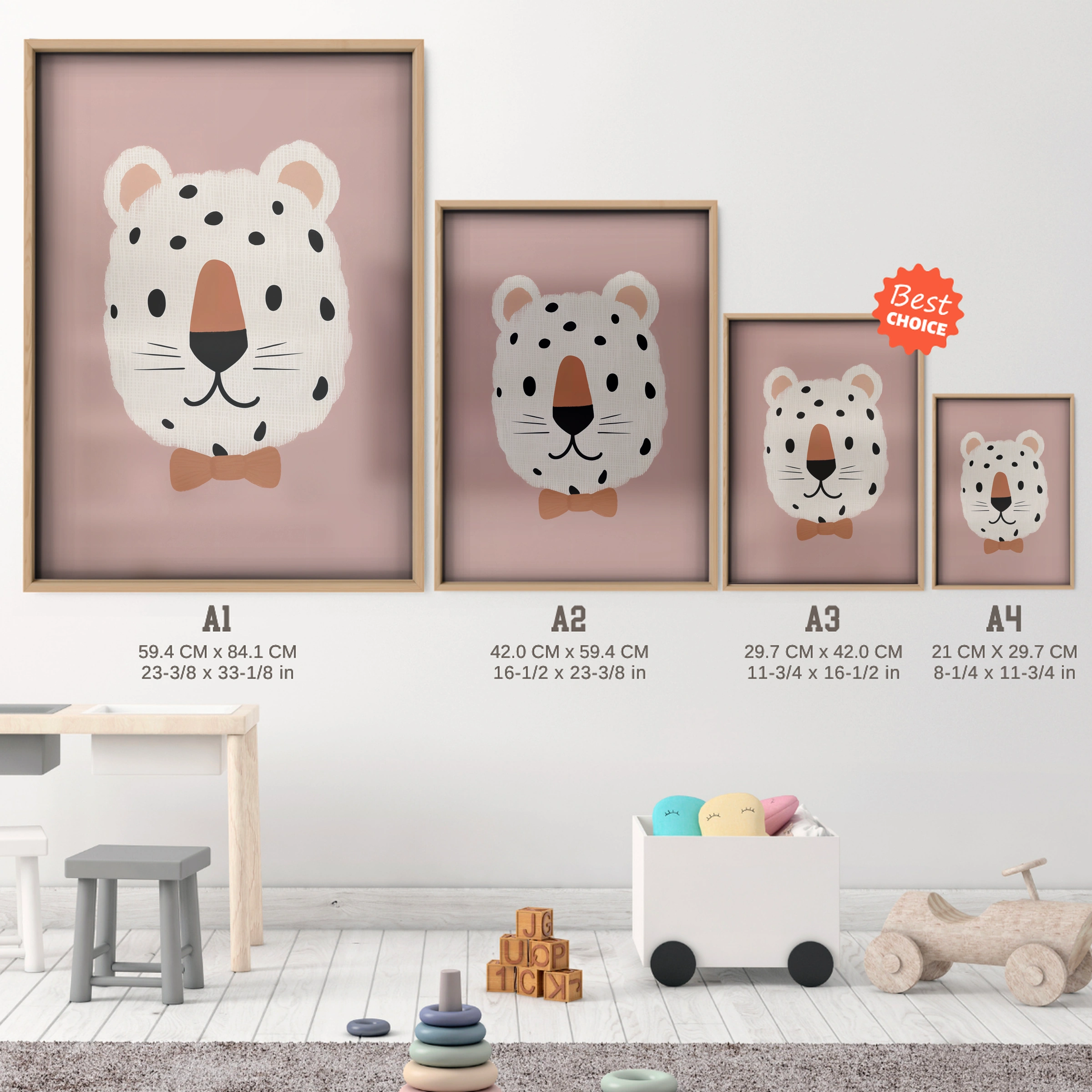 Snow Leopard Nursery Print - size guide A4 A3 A2 A1 nursery print