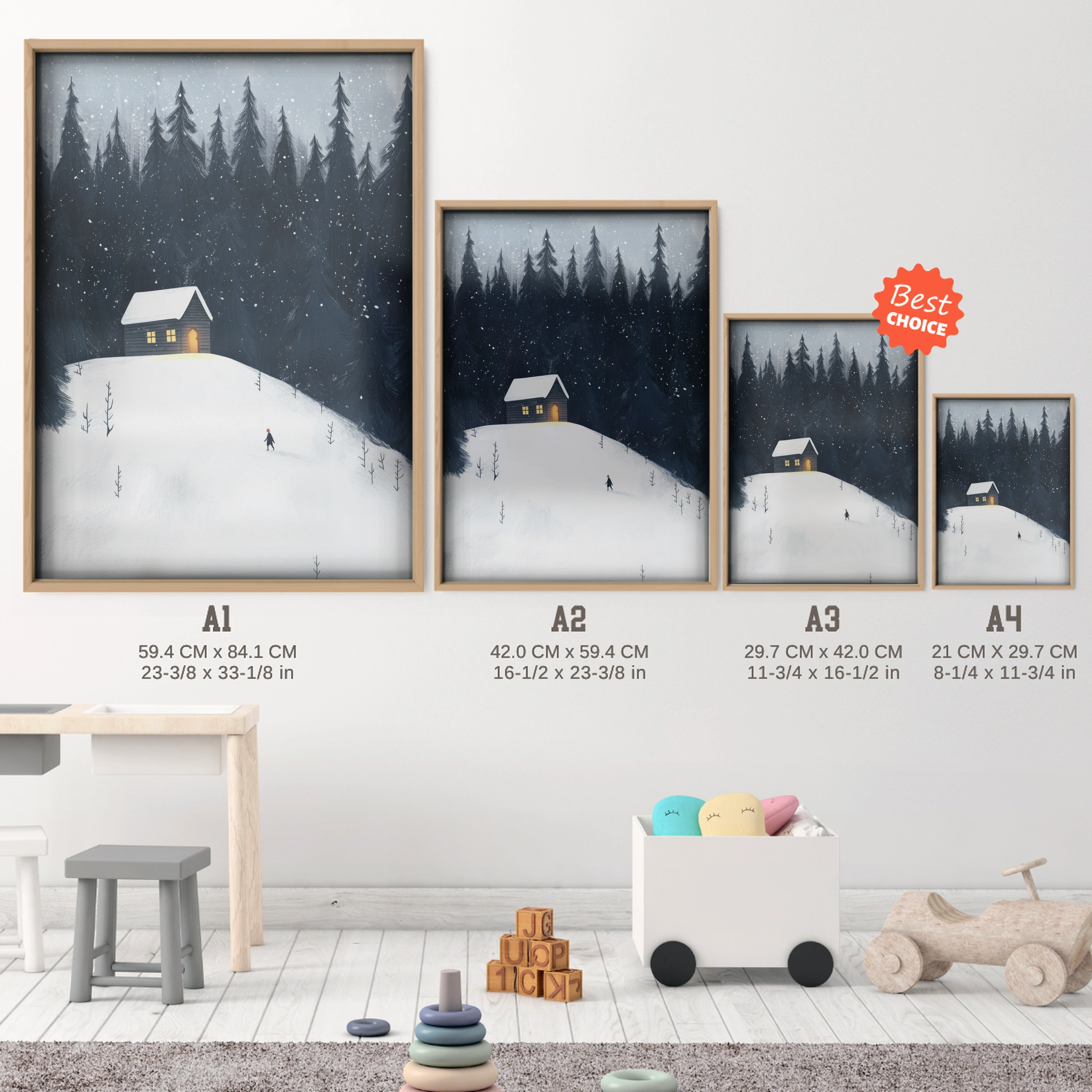 Snowy Cabin in the Forest Christmas Print - size guide A4 A3 A2 A1 nursery print