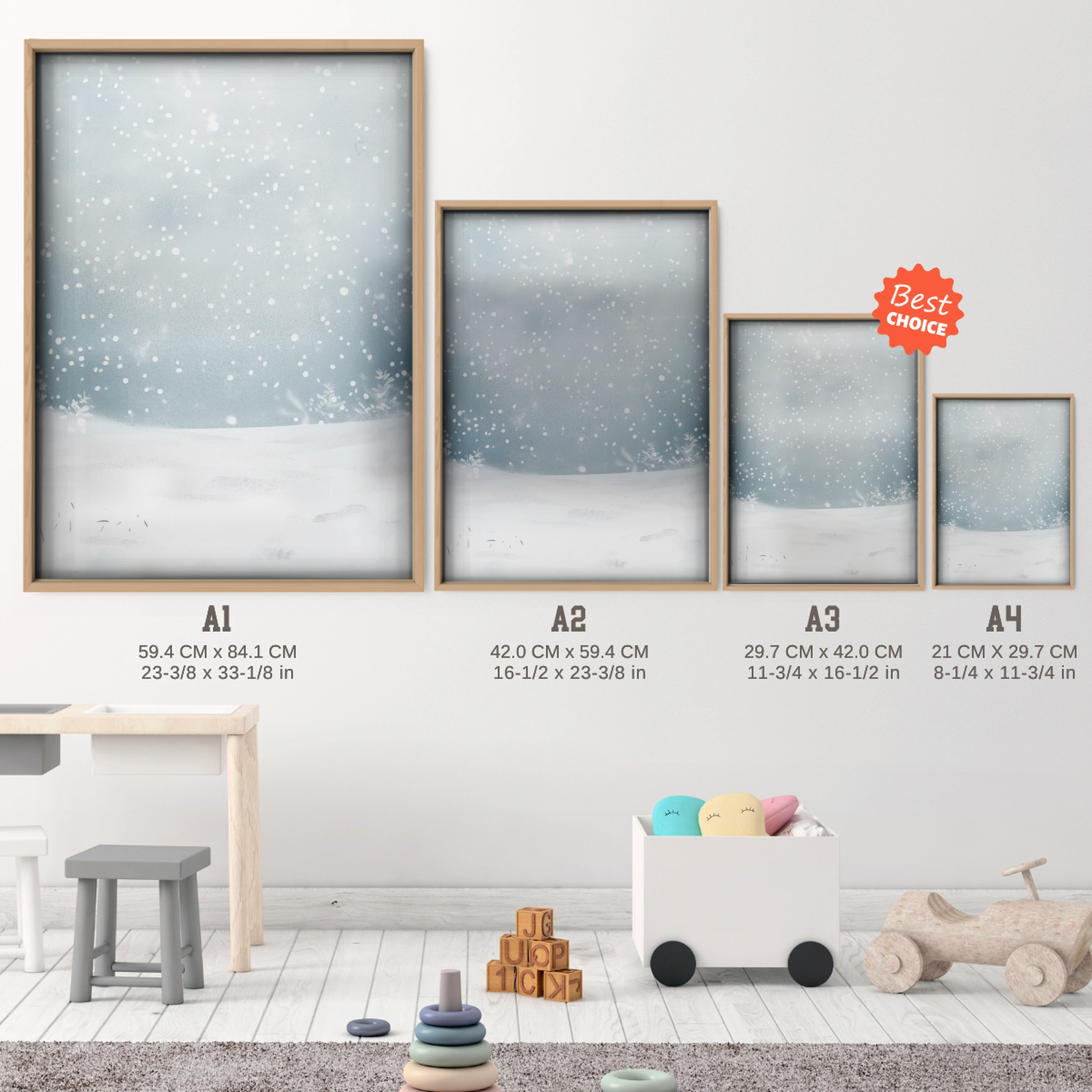 Snowy Field Christmas Print - size guide A4 A3 A2 A1 nursery print