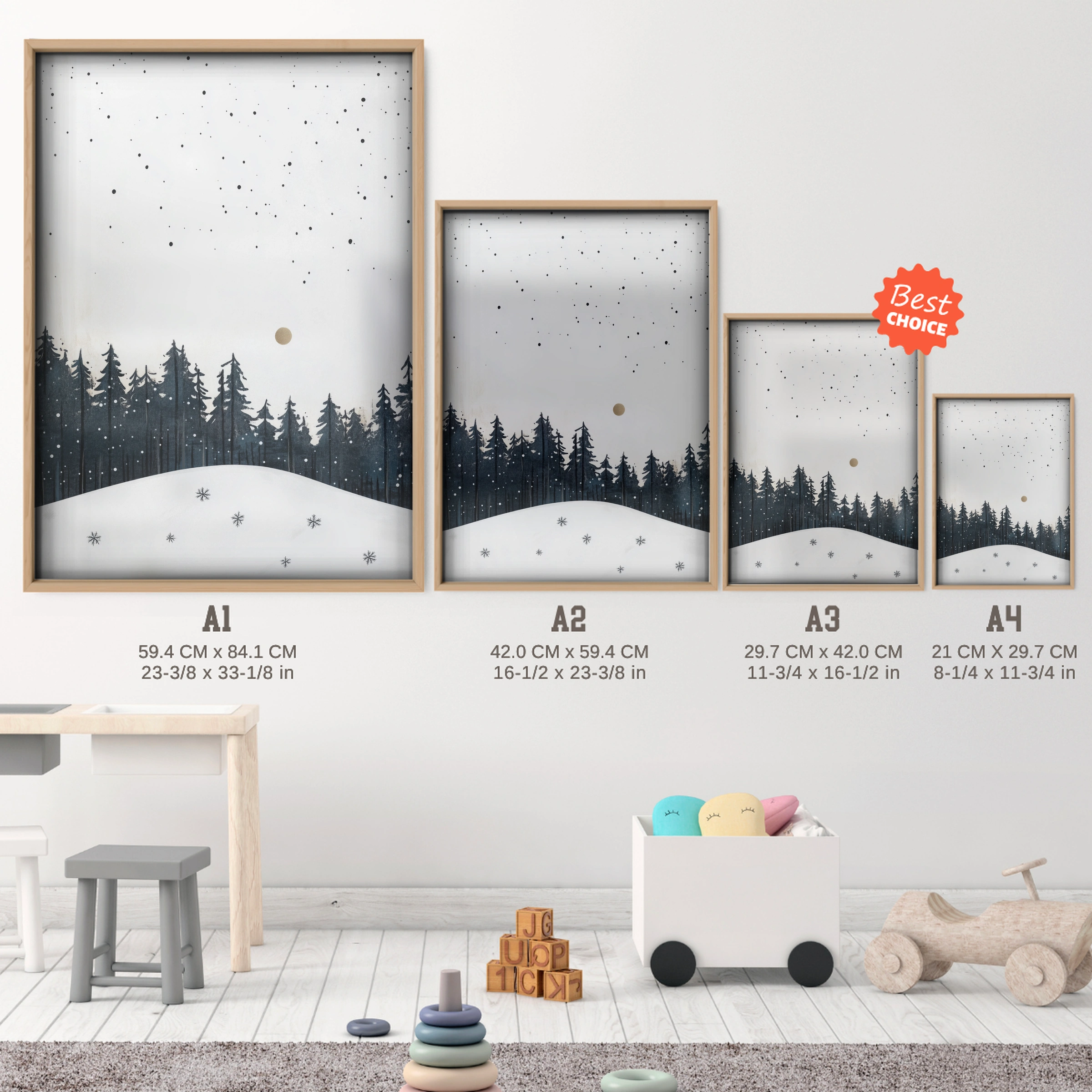 Snowy Forest at Night Christmas Print - size guide A4 A3 A2 A1 nursery print