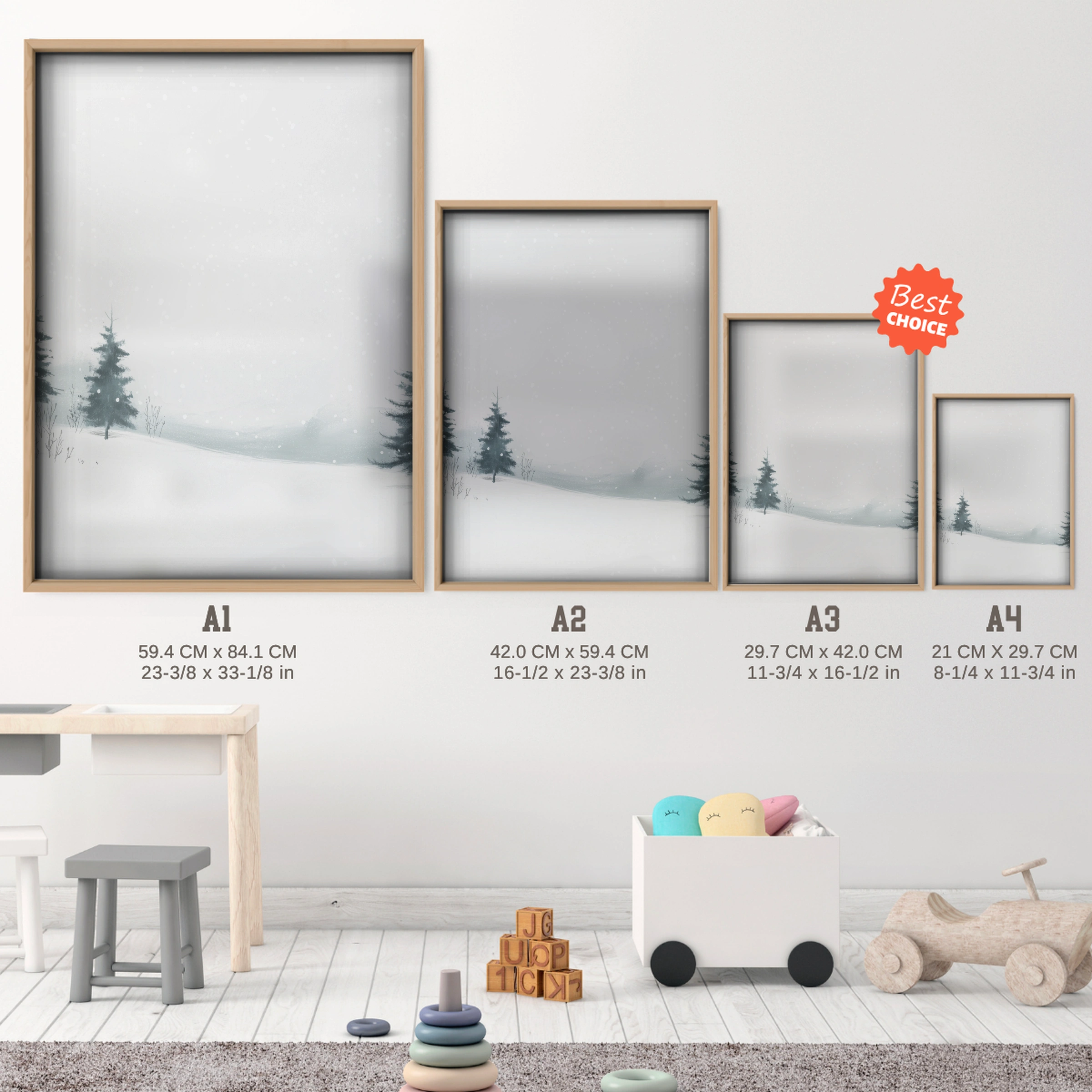 Snowy Forest Christmas Print - size guide A4 A3 A2 A1 nursery print