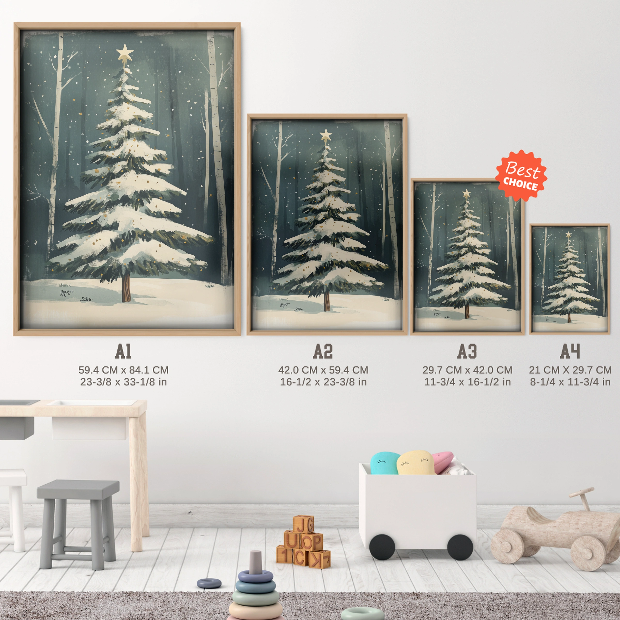 Snowy Forest Tree Christmas Print - size guide A4 A3 A2 A1 nursery print