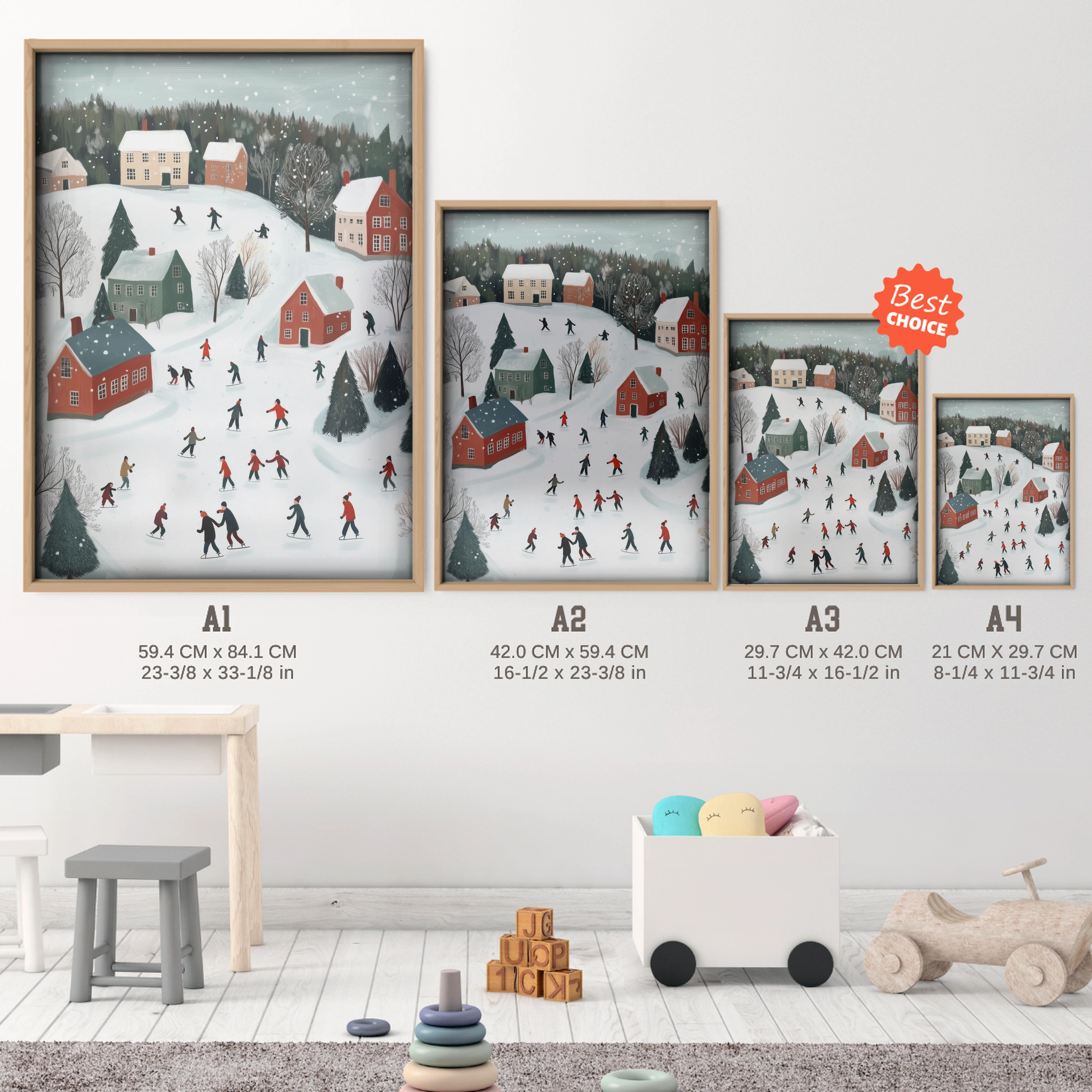 Snowy Village Christmas Print - size guide A4 A3 A2 A1 nursery print