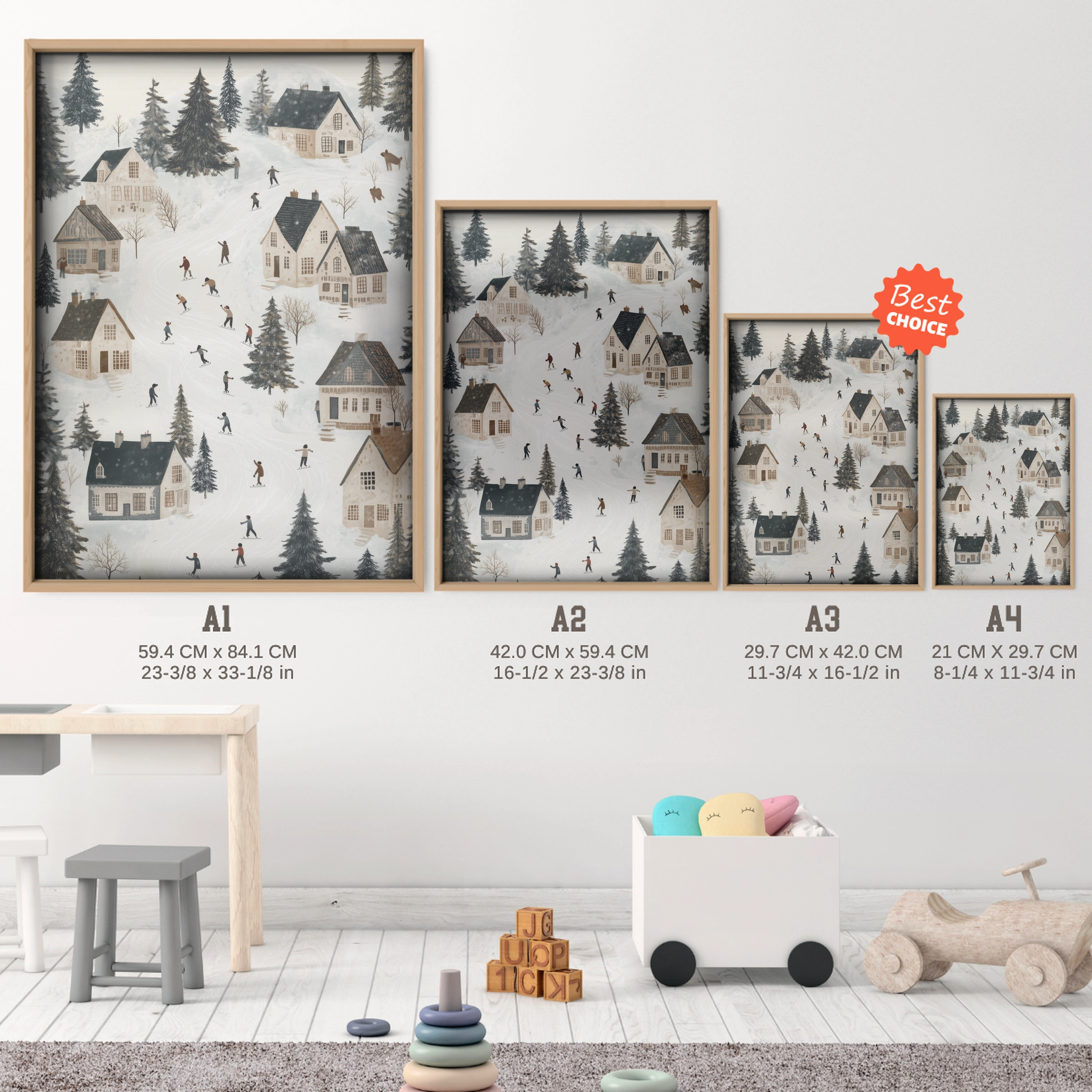 Snowy Village Skaters Christmas Print - size guide A4 A3 A2 A1 nursery print
