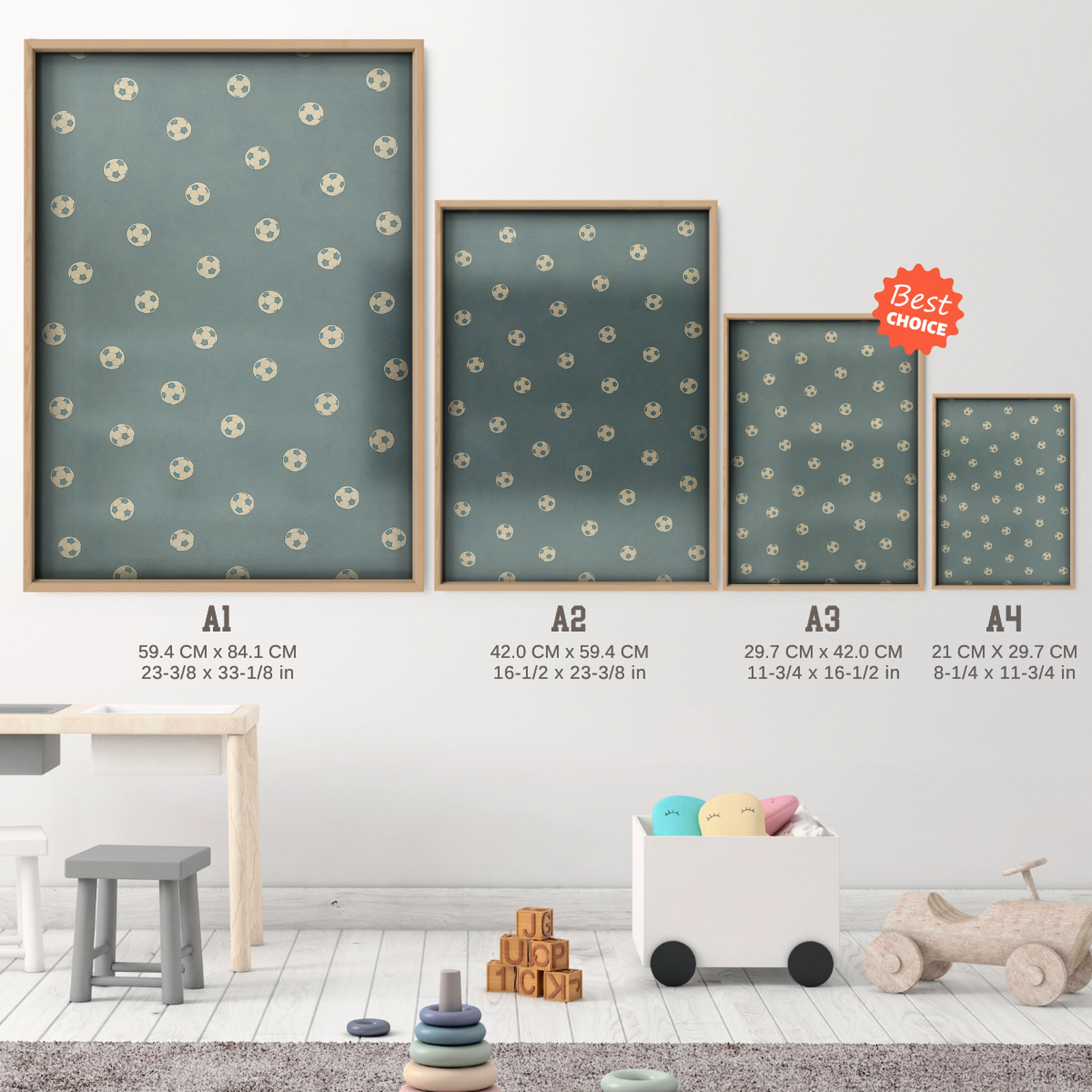 Soccer Balls Pattern Nursery Print - size guide A4 A3 A2 A1 nursery print