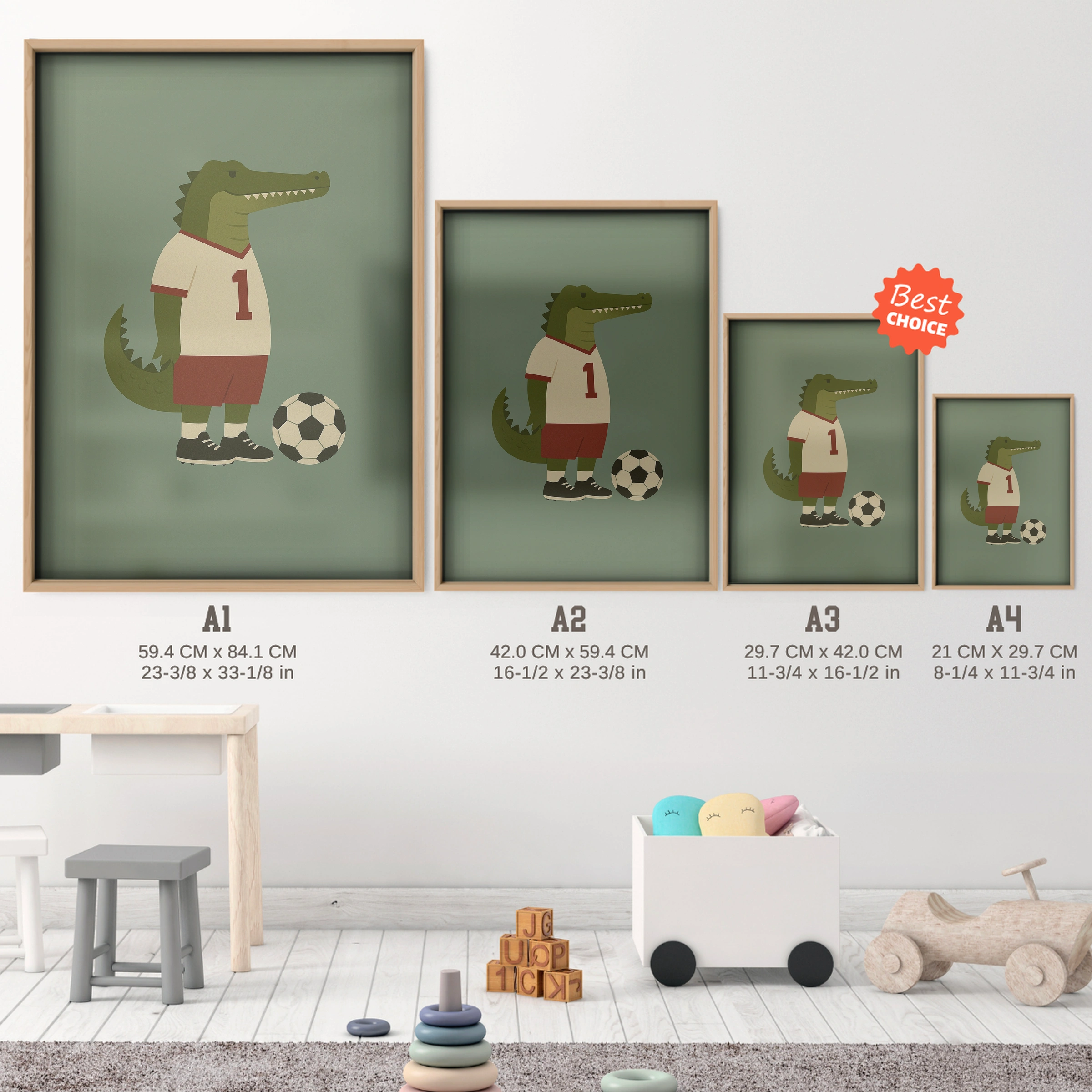 Soccer Crocodile Nursery Print - size guide A4 A3 A2 A1 nursery print