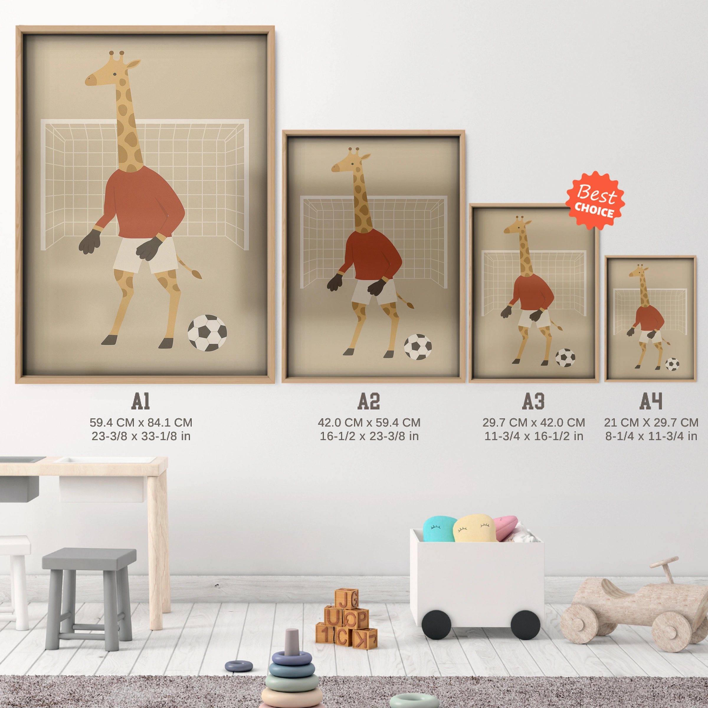 Soccer Giraffe Nursery Print - size guide A4 A3 A2 A1 nursery print