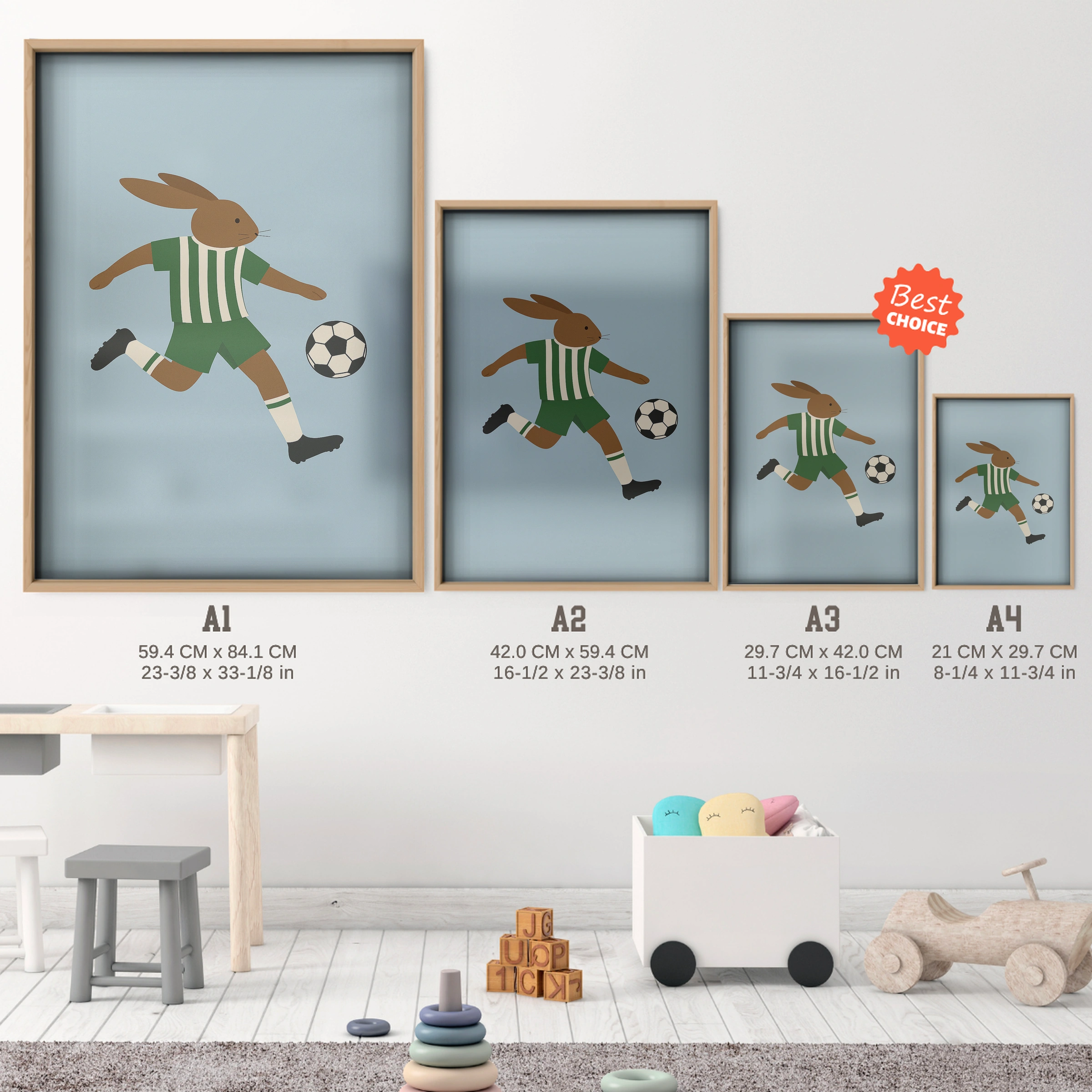 Soccer Rabbit Nursery Print - size guide A4 A3 A2 A1 nursery print