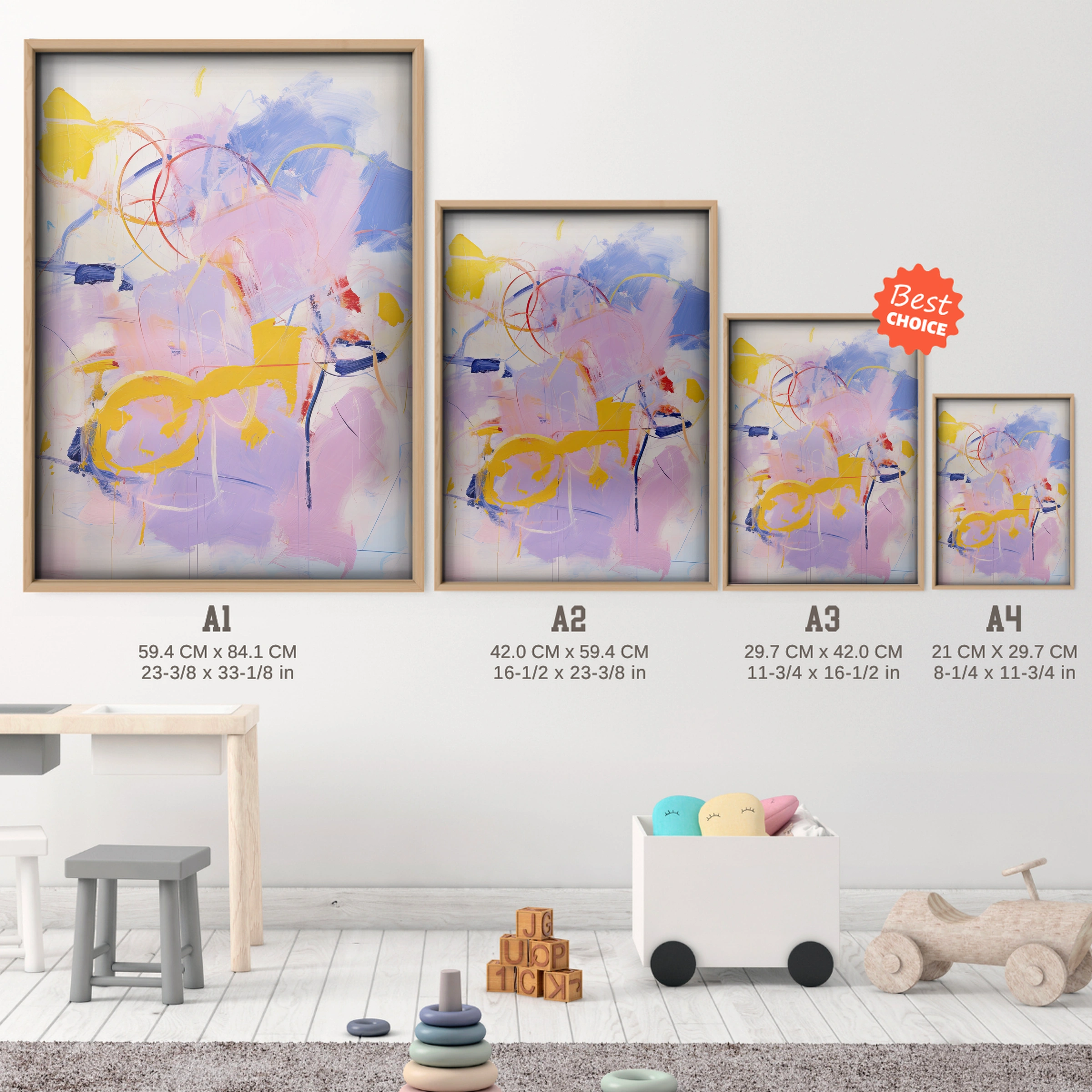 Soft Abstract Nursery Print - size guide A4 A3 A2 A1 nursery print