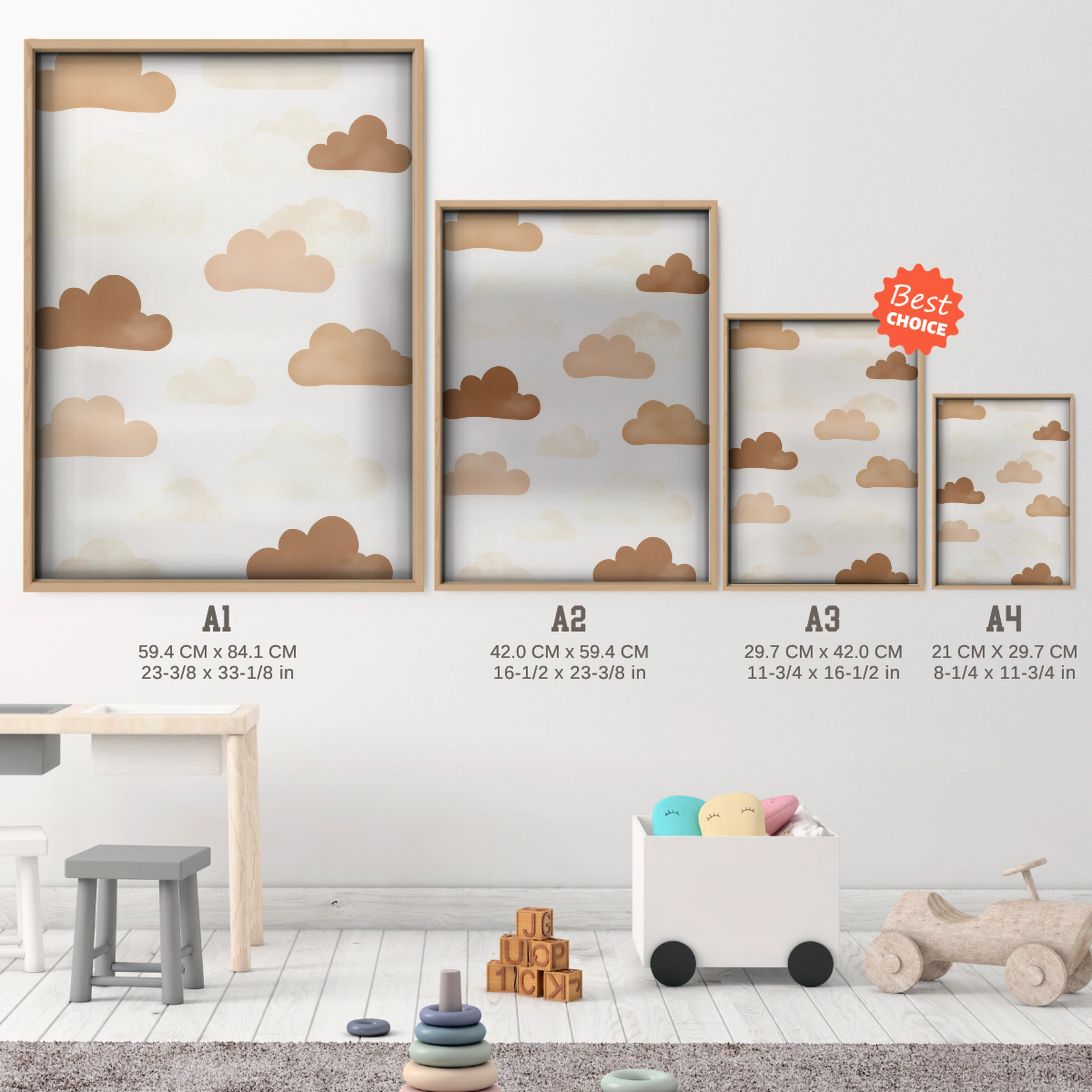 Soft Clouds Nursery Print - size guide A4 A3 A2 A1 nursery print