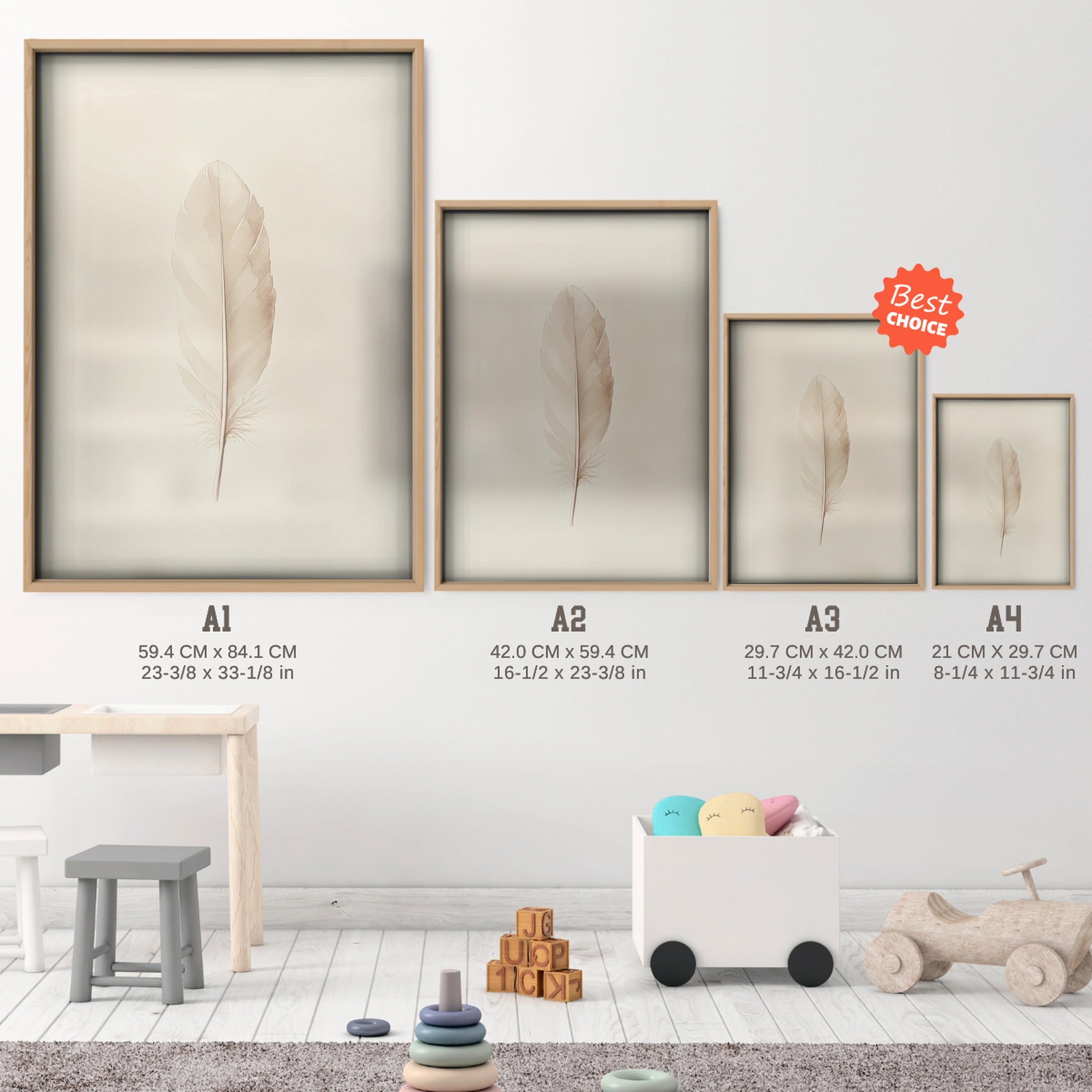 Soft Feather Nursery Print - size guide A4 A3 A2 A1 nursery print