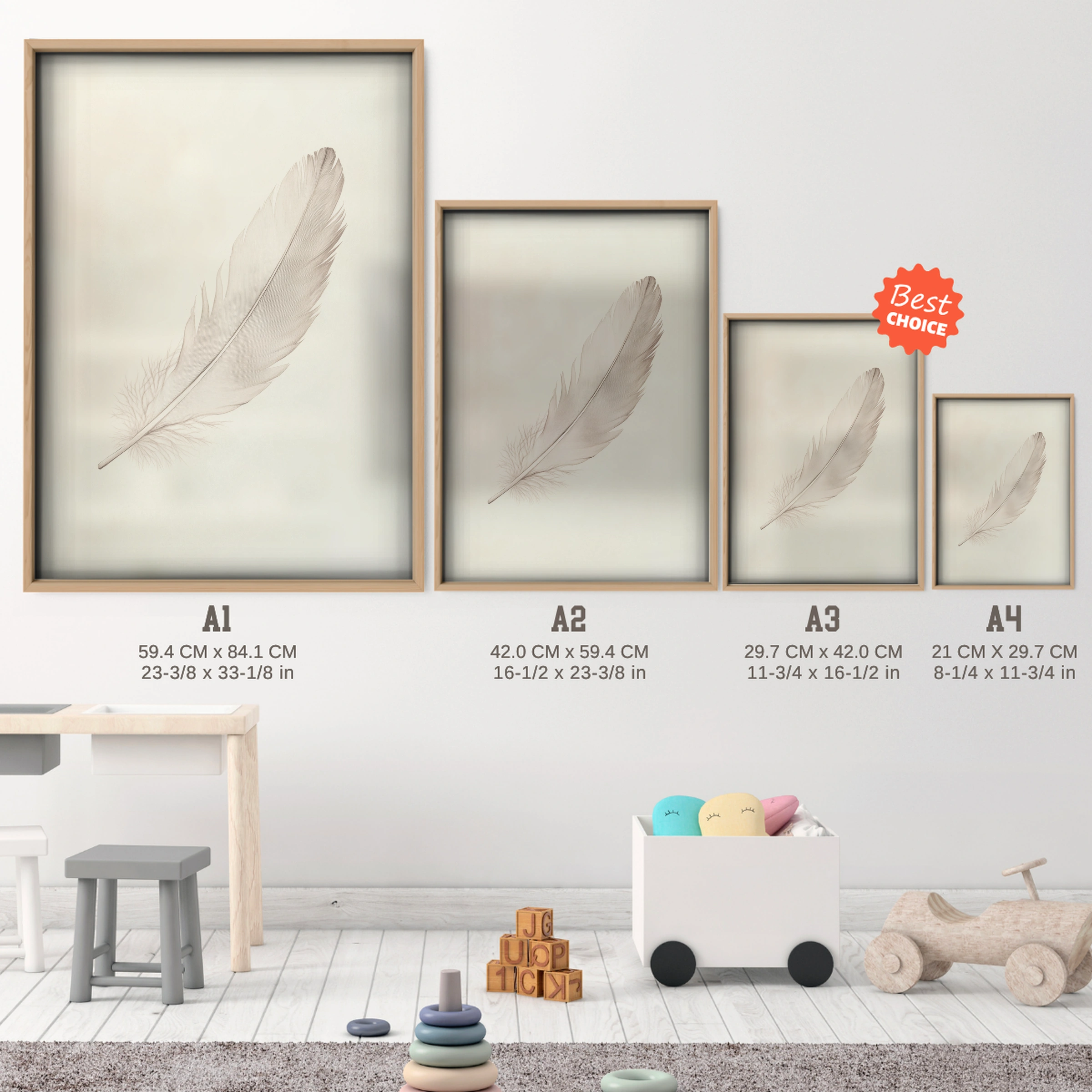 Soft Feather Two Nursery Print - size guide A4 A3 A2 A1 nursery print