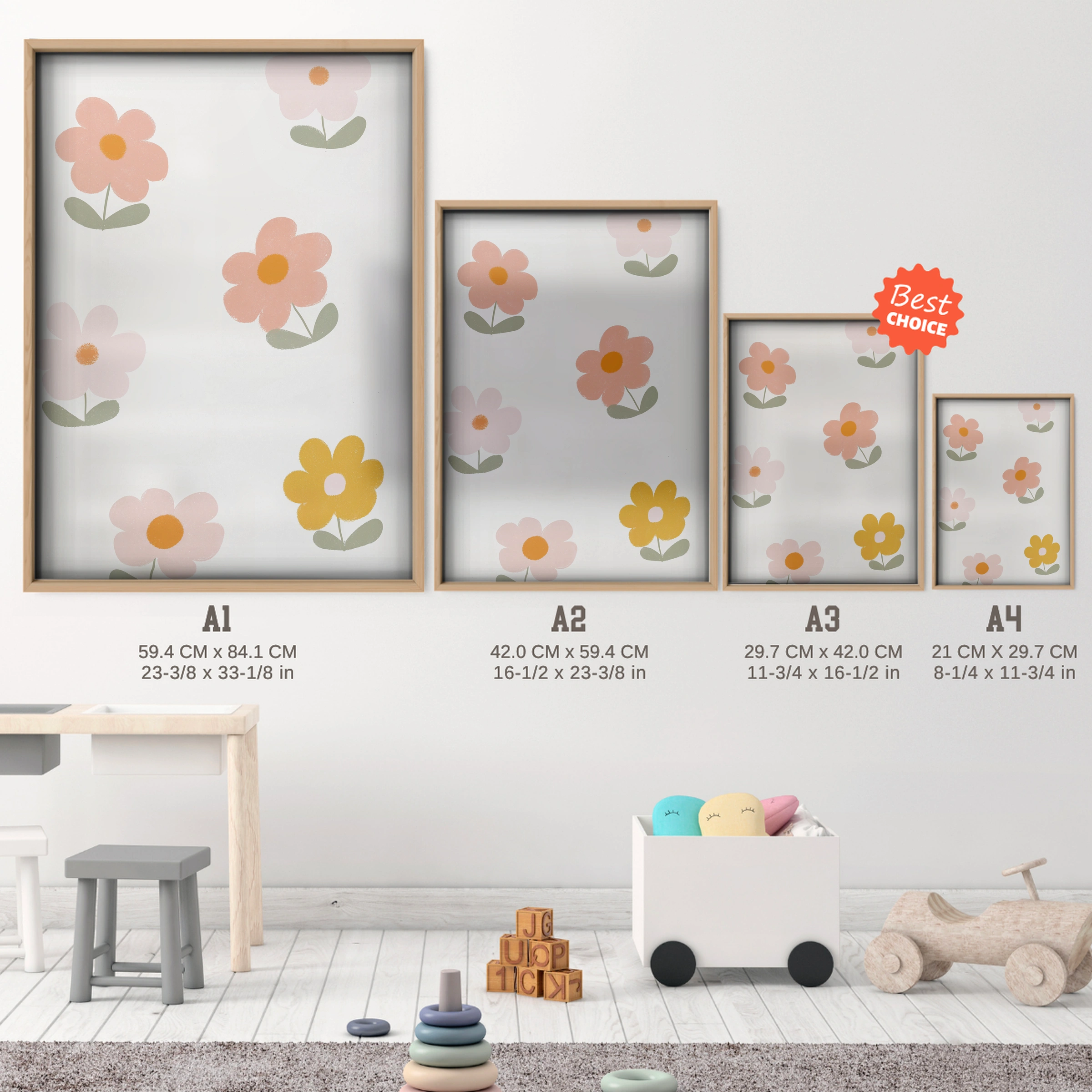 Soft Flowers Nursery Print - size guide A4 A3 A2 A1 nursery print