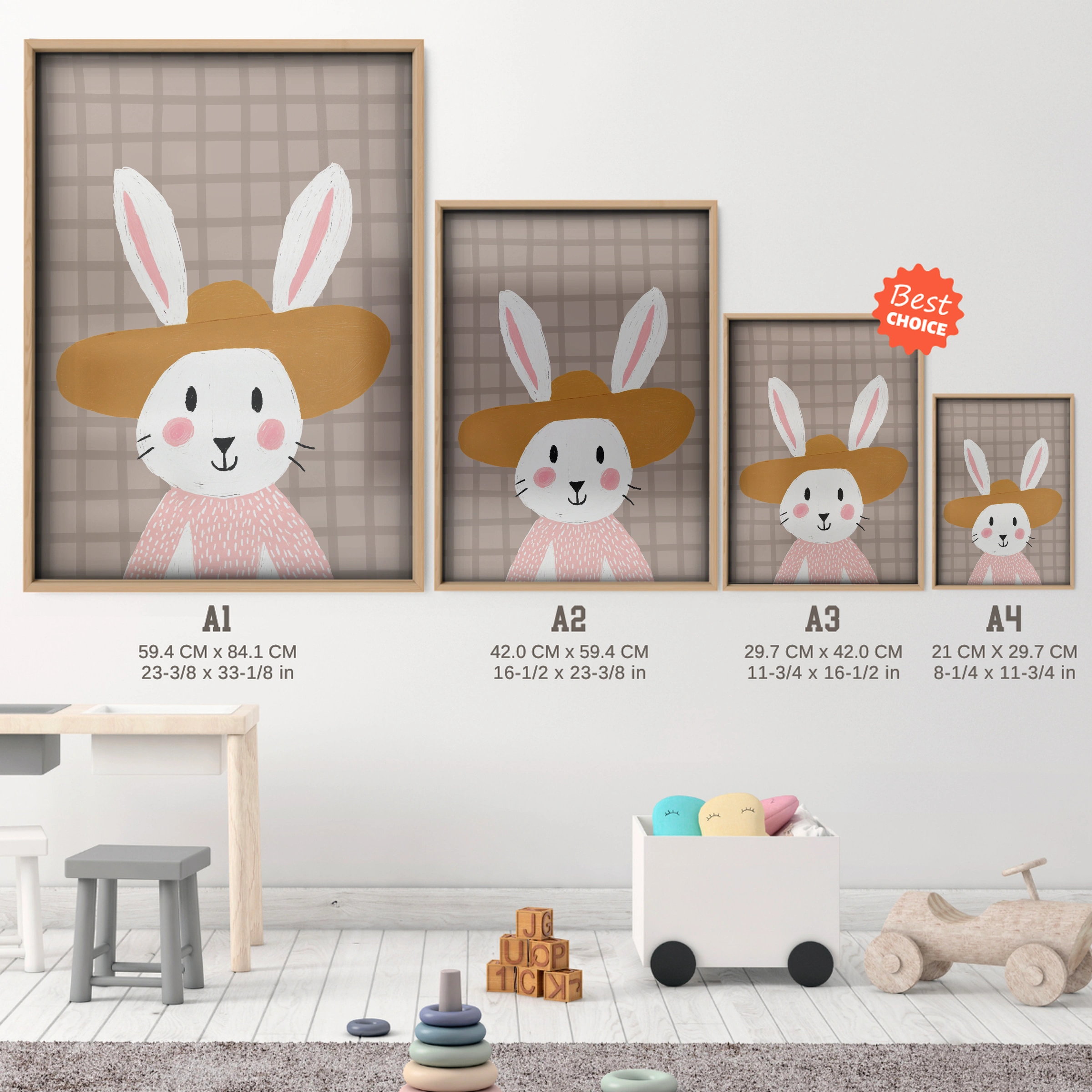 Soft Grey Bunny Nursery Print - size guide A4 A3 A2 A1 nursery print