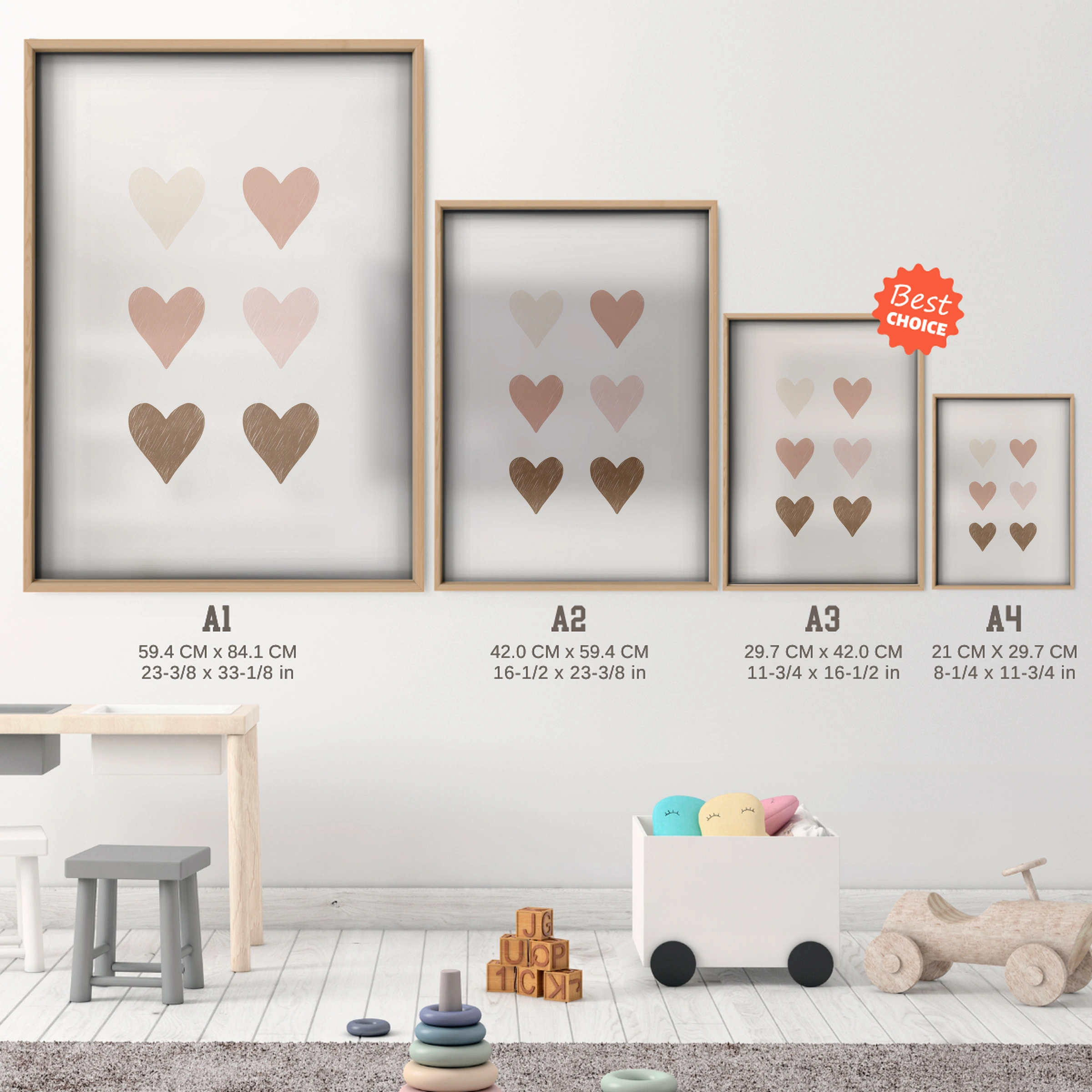 Soft Hearts Nursery Print - size guide A4 A3 A2 A1 nursery print