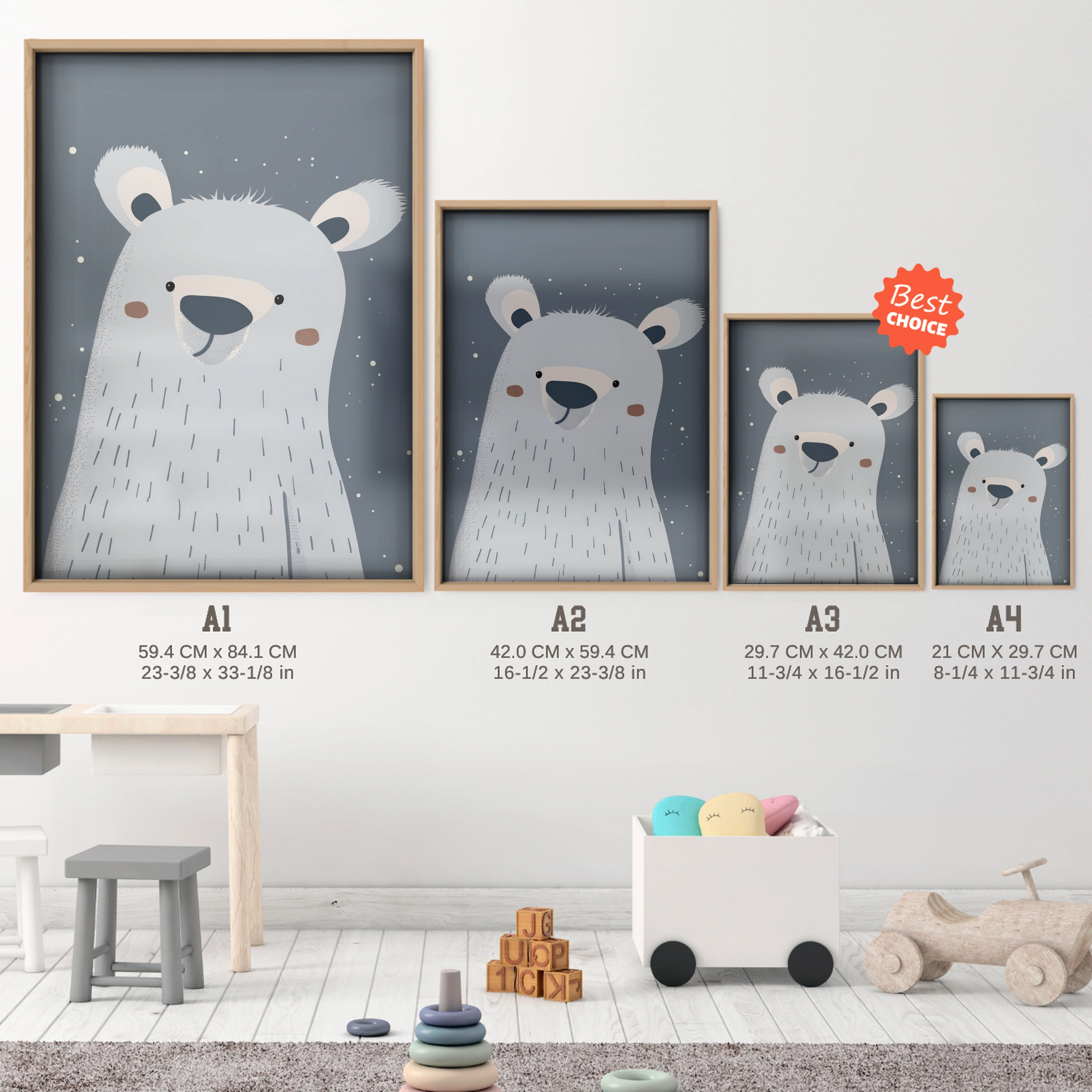 Soft Polar Bear Nursery Print - size guide A4 A3 A2 A1 nursery print